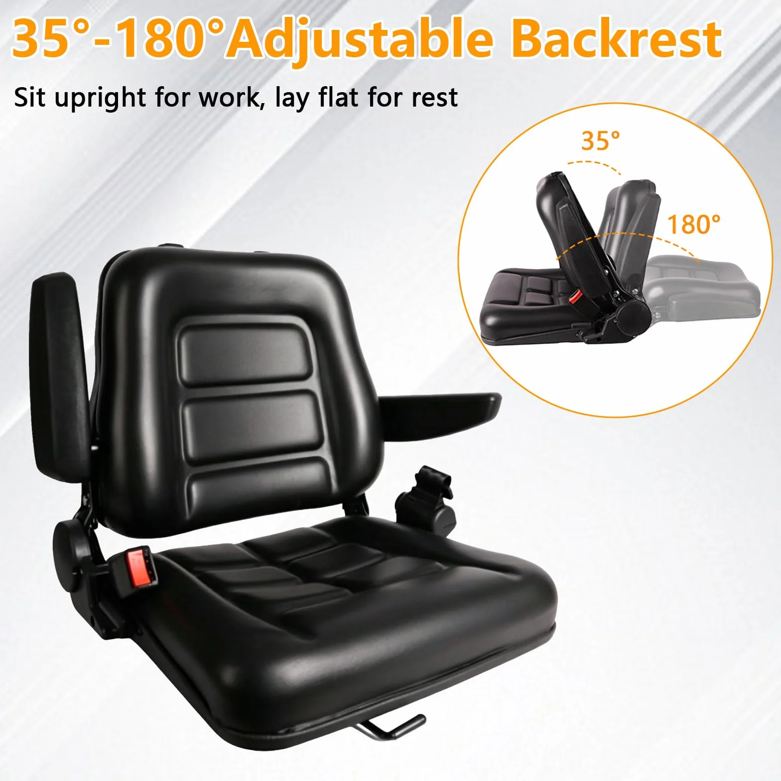 Asiento universal para montacargas, asiento de tractor con respaldo ajustable de 35°–180°, guía deslizante, apoyabrazos plegables y desmontables, cinturón de seguridad retráctil para montacargas