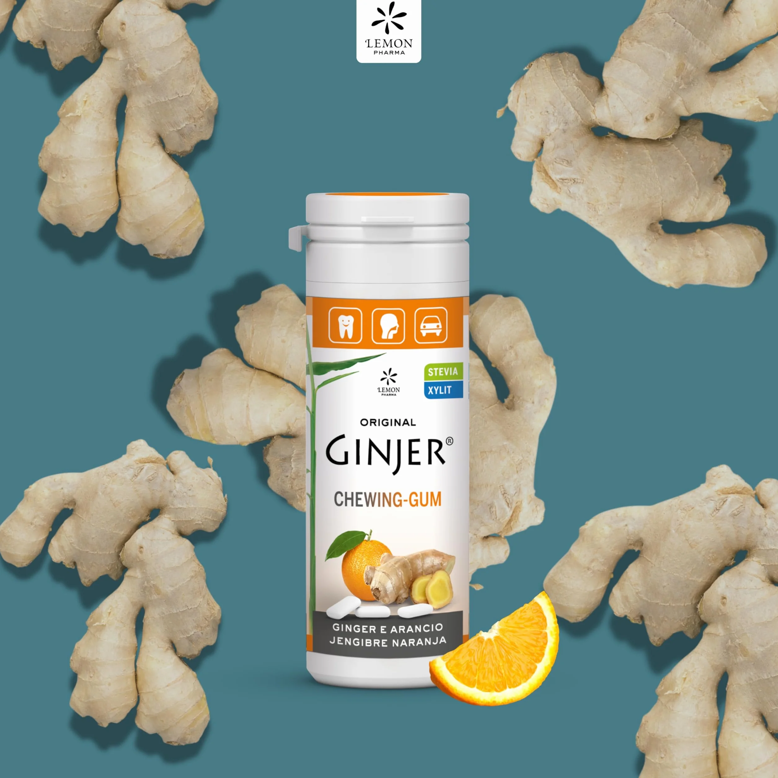 Lemon Pharma GINJER® Chicles de Jengibre-Naranja 30 g goma de mascar vegana sin azúcar