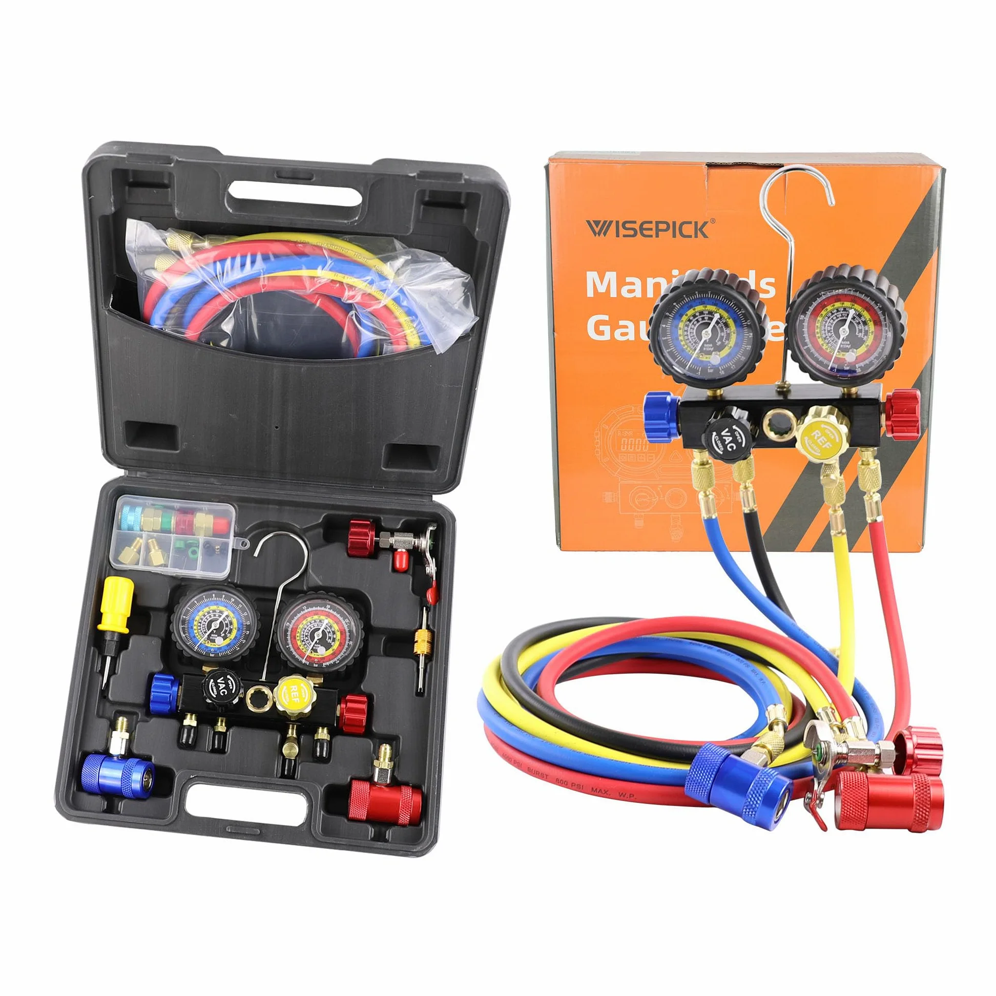 R1234yf R134a - Juego de manómetros de 4 válvulas compatibles con refrigerantes R1234yf R134A con mangueras de 4 vías, acopladores, adaptadores para grifo, kit de recarga de freón