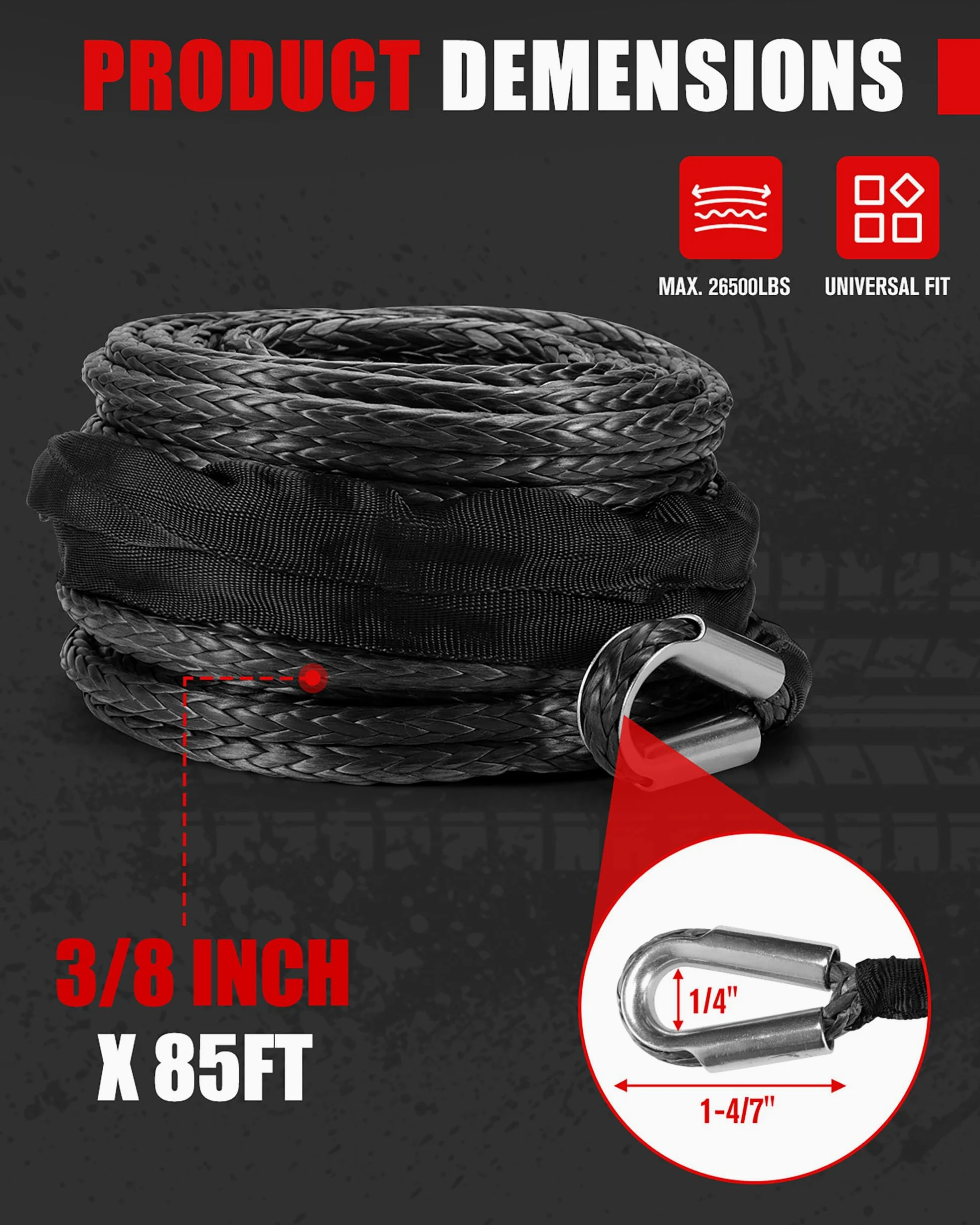 FieryRed - Cable de recuperación de Remolque sintético Resistente de 0,95 cm x 2,54 m, Color Negro para vehículos Todoterreno ATV UTV SUV y Motocicleta