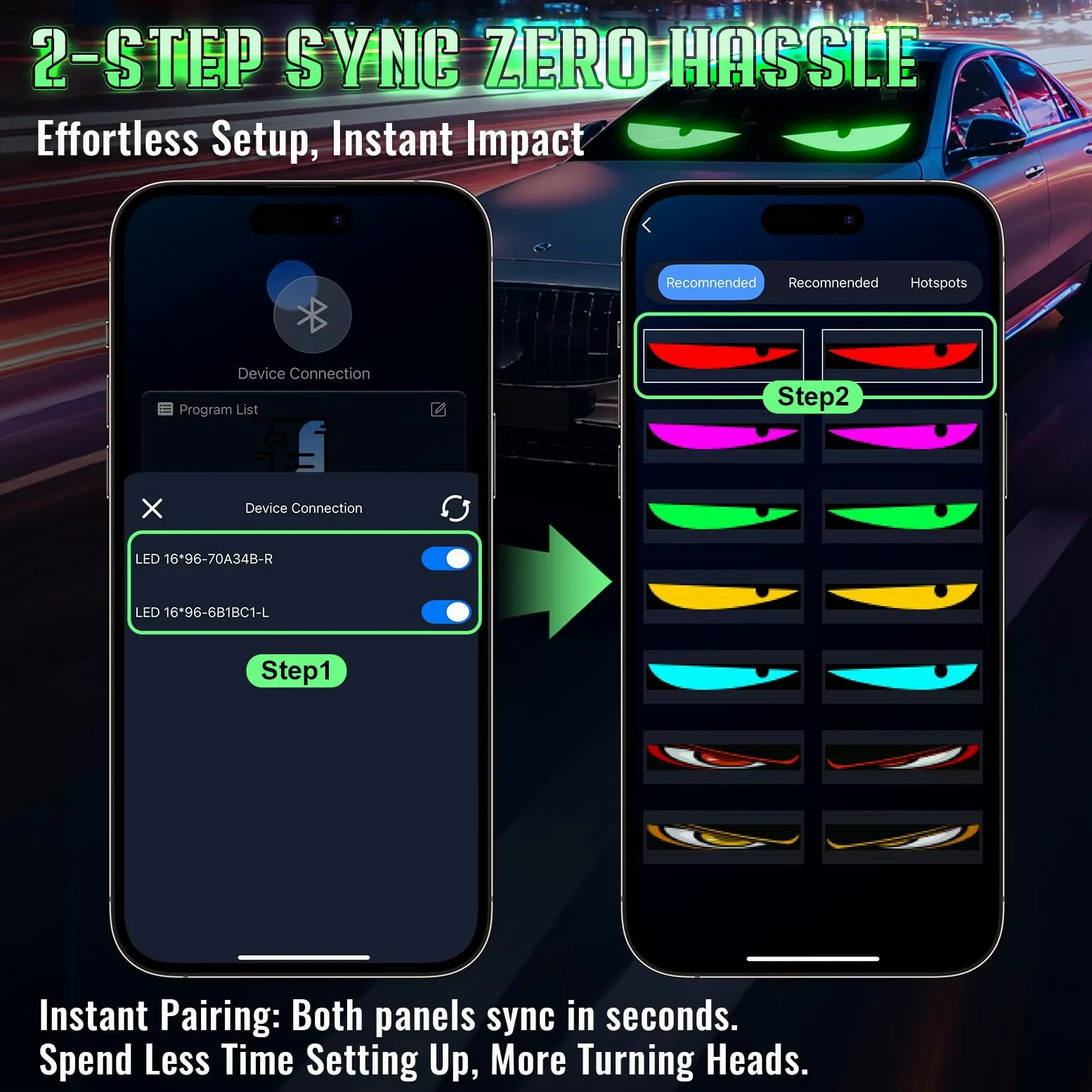 Sachie - 2 Tiras de luz LED, ojos de diablo para parabrisas de auto, camiones y camionetas, 23.6 x 4.73 pulgadas, personalizable, control en aplicación, IP68 impermeable, alimentado por USB