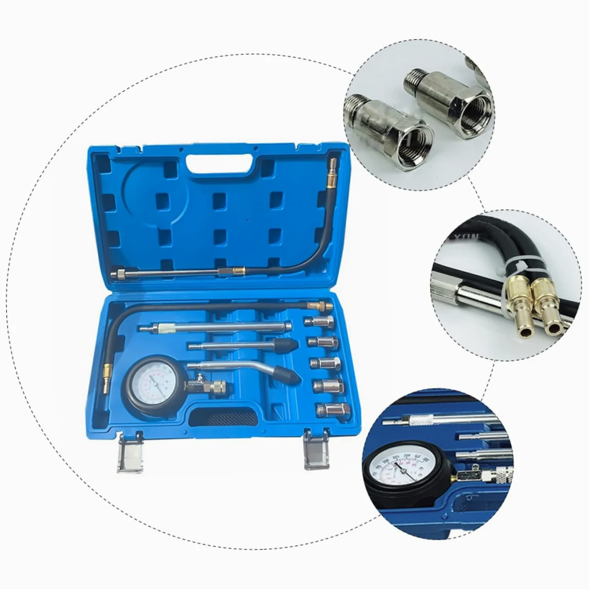 Manómetro de Presión para Cilindros de Motor Gasolina 1 Juego | Rango 0-300 Psi y 0-21 Bar, Adaptadores Rosca Métrica 10/12/14/18 Mm, Puntas Cónicas de Goma
