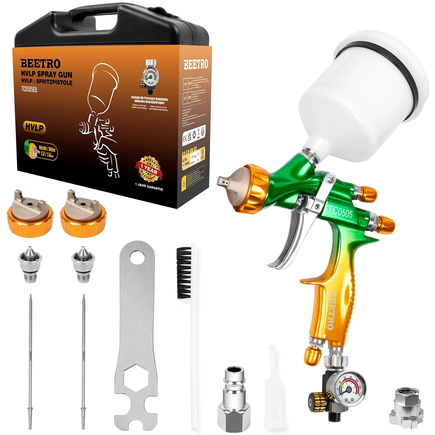 BEETRO Pistola de Pintura HVLP Profesional para Automóviles, 280-320mm Ancho Patrón de Pulverización, 1.3/1.4mm Boquilla, 600ml Capacidad 14CFM 29-32psi