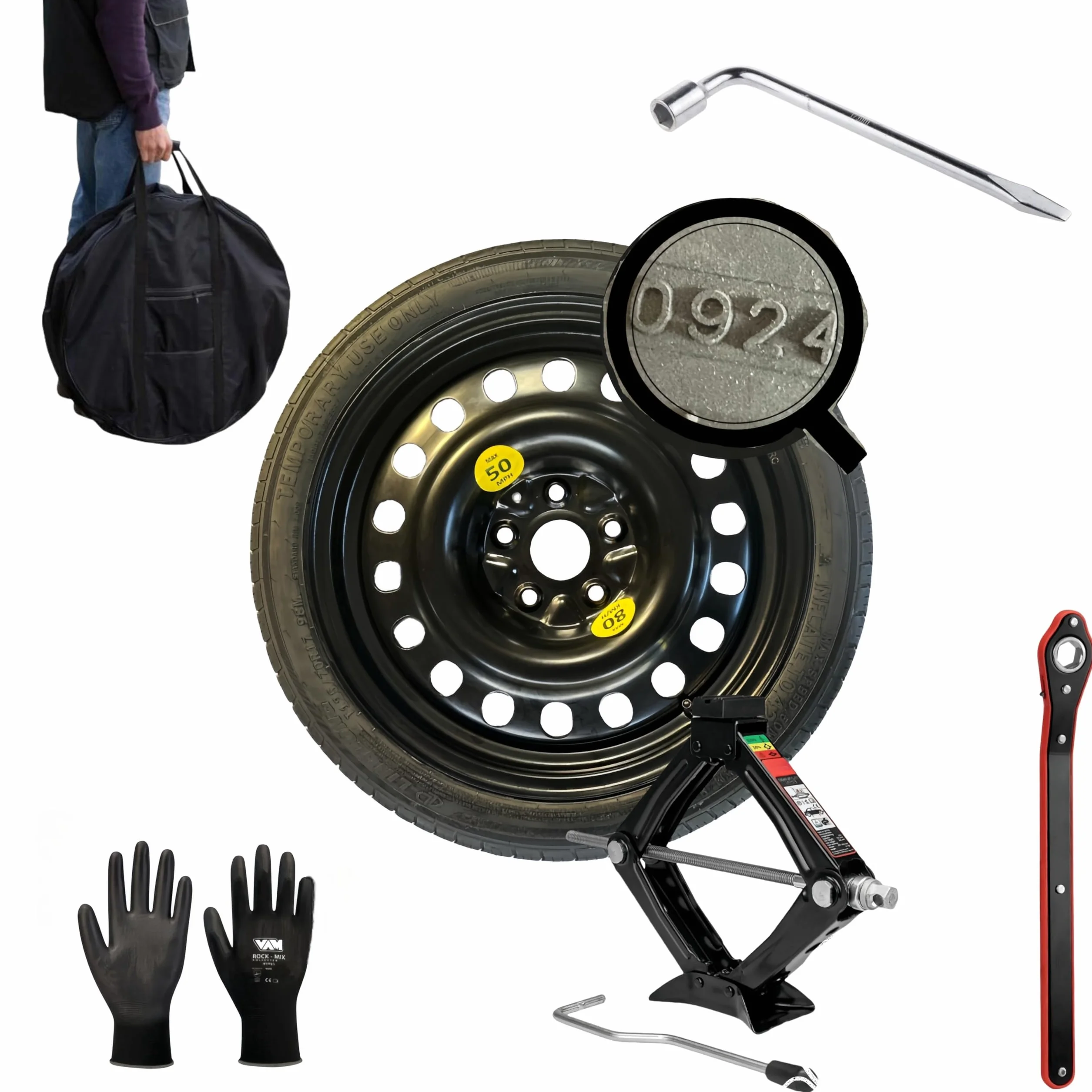 Kit rueda de repuesto de 18 pulgadas 125/70 R18 compatible con BMW Serie 1 F20 Serie 3 F30 F31 Serie 4 F32 con gata, llave y funda.