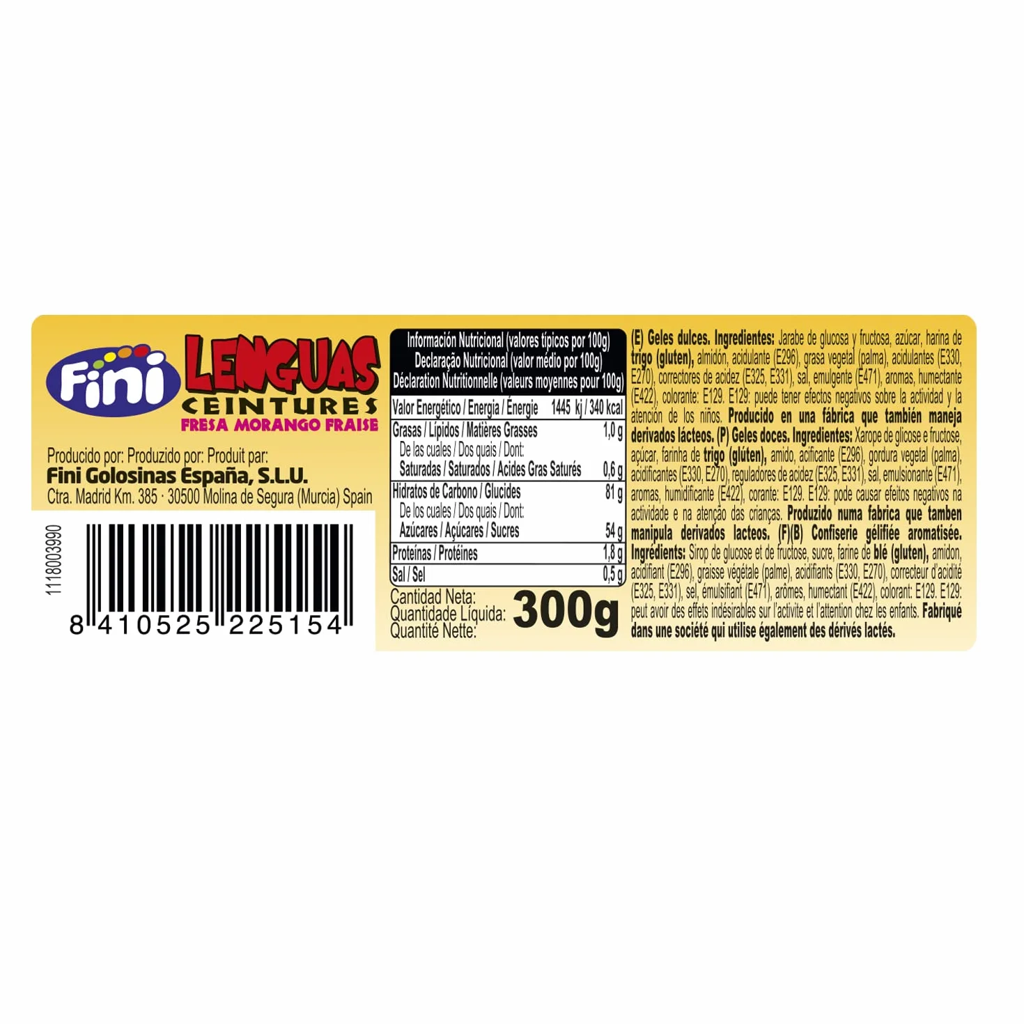Fini Golosinas Lenguas Fresa Pica Cintas de Regaliz Ácido Tarro 290 g
