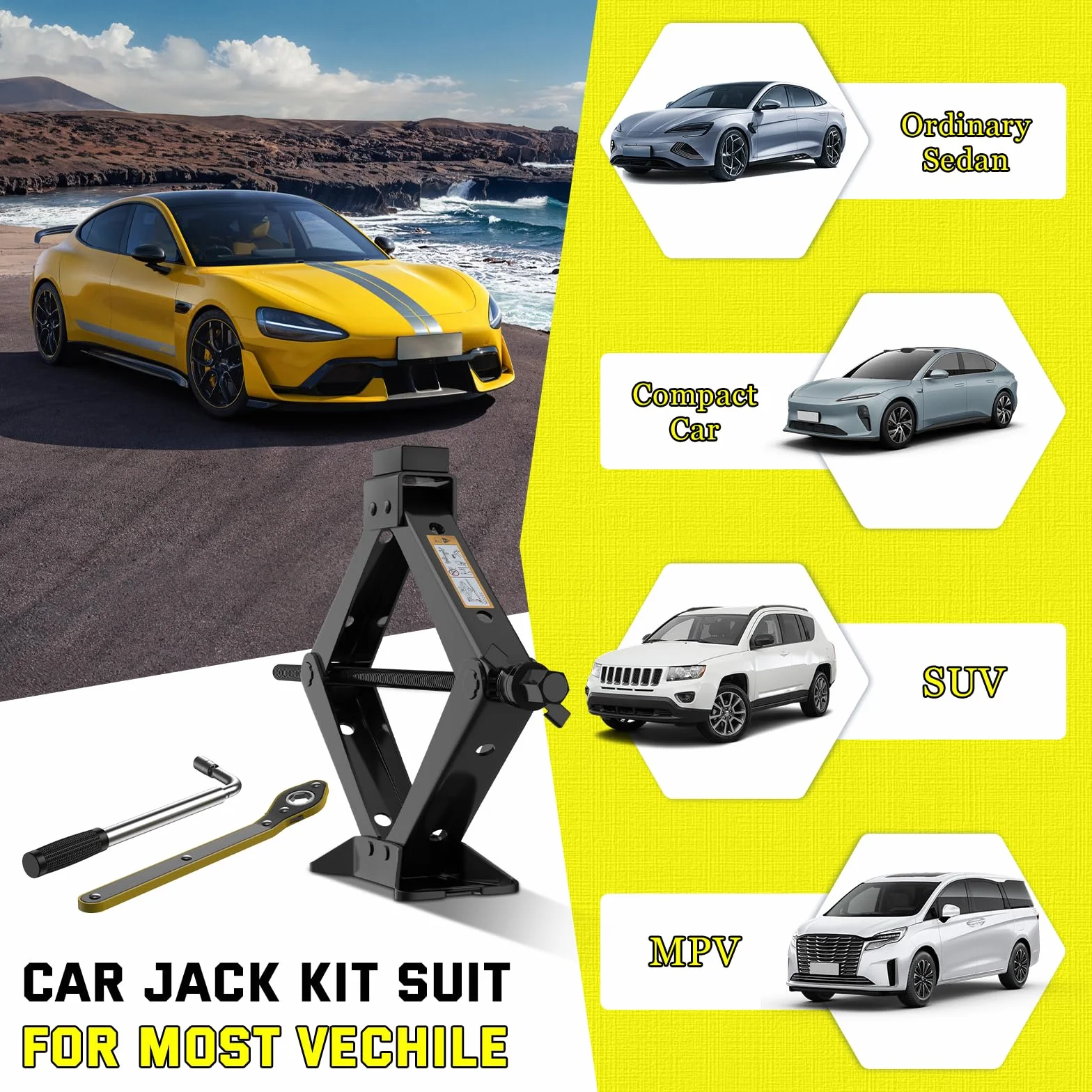 Kit de gato de tijera para coche de 3 toneladas de 3,000.1 kg, kit de cambio de neumáticos de repuesto, kit de reparación de gato de neumático portátil con llave de lengüeta, gato de elevación de