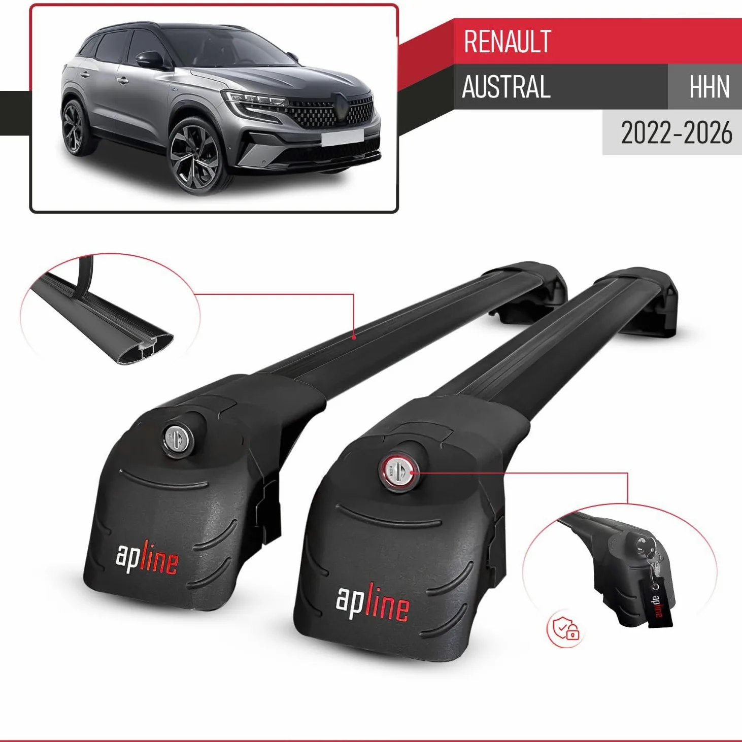Compatible con Renault Austral (HHN) 2022-2026 Modelo Ace-2 Barra de Techo Auto Portaequipajes Barras Transversales Negro Aluminio 2 Barras
