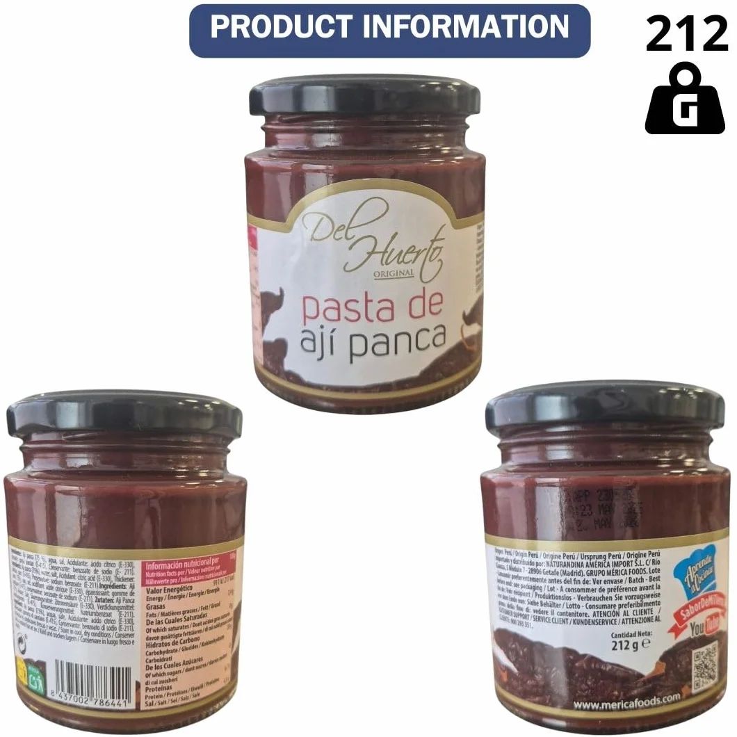 Pasta de Ají Panca Peruano Del Huerto Pack 2 x 212 g Frasco de Cristal Ají Rojo Suave Tradicional