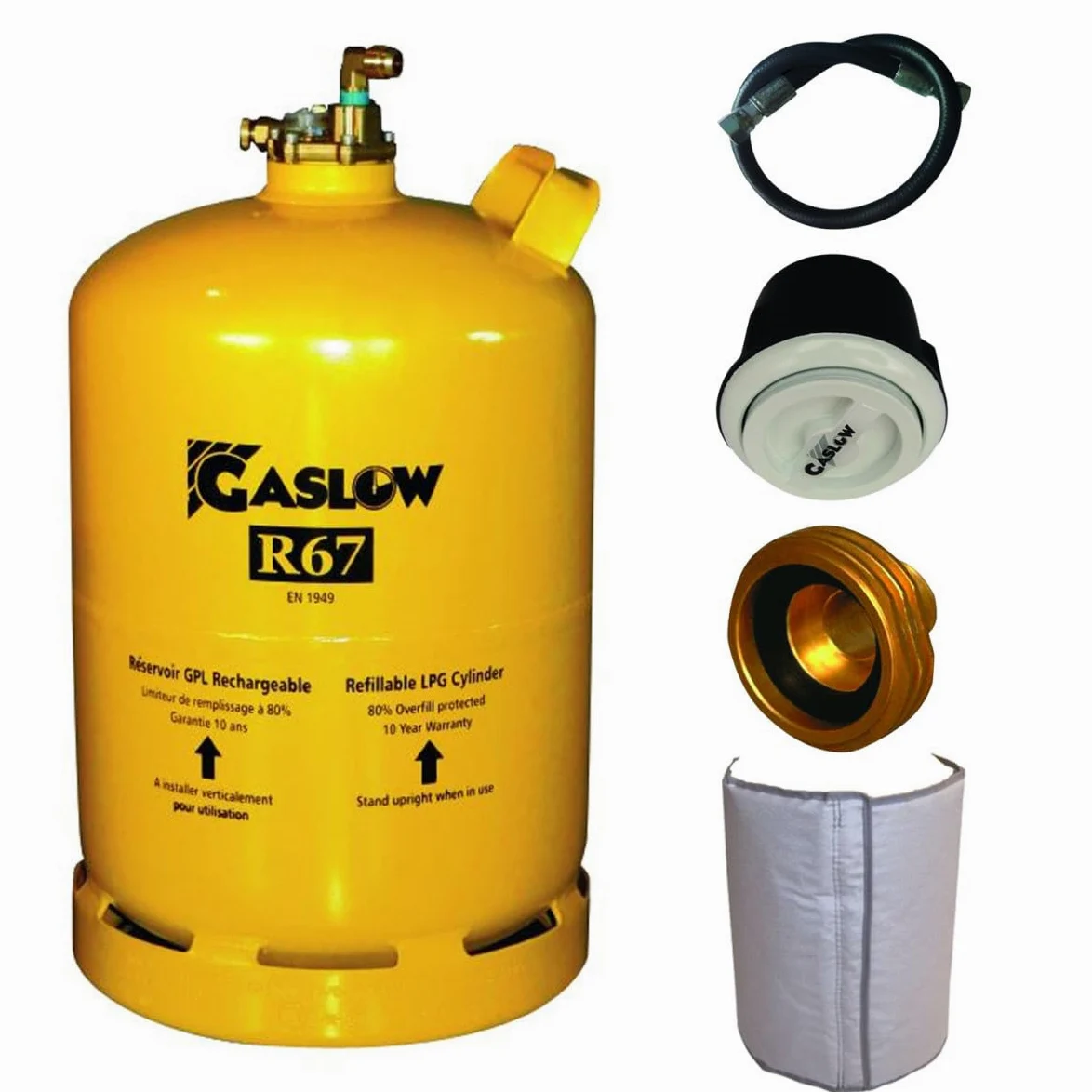 Gaslow - Pack de botella recargable de 11 kg + lira + caja de transferencia negra + adaptador de carga Europa + manta aislante