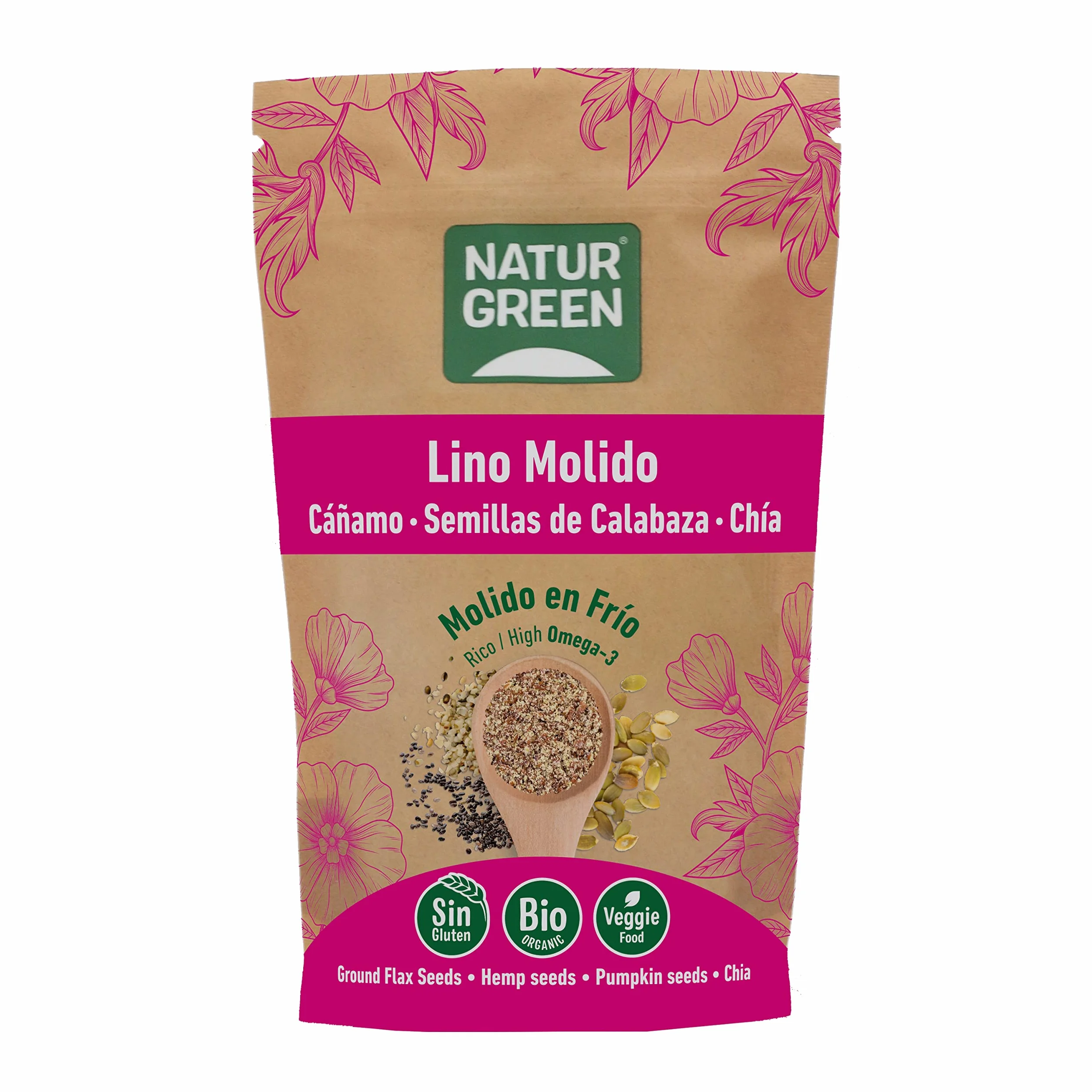 NaturGreen Semillas de Lino Cáñamo Calabaza y Chía Molidas en Frío Omega 3 Ecológico 225 g