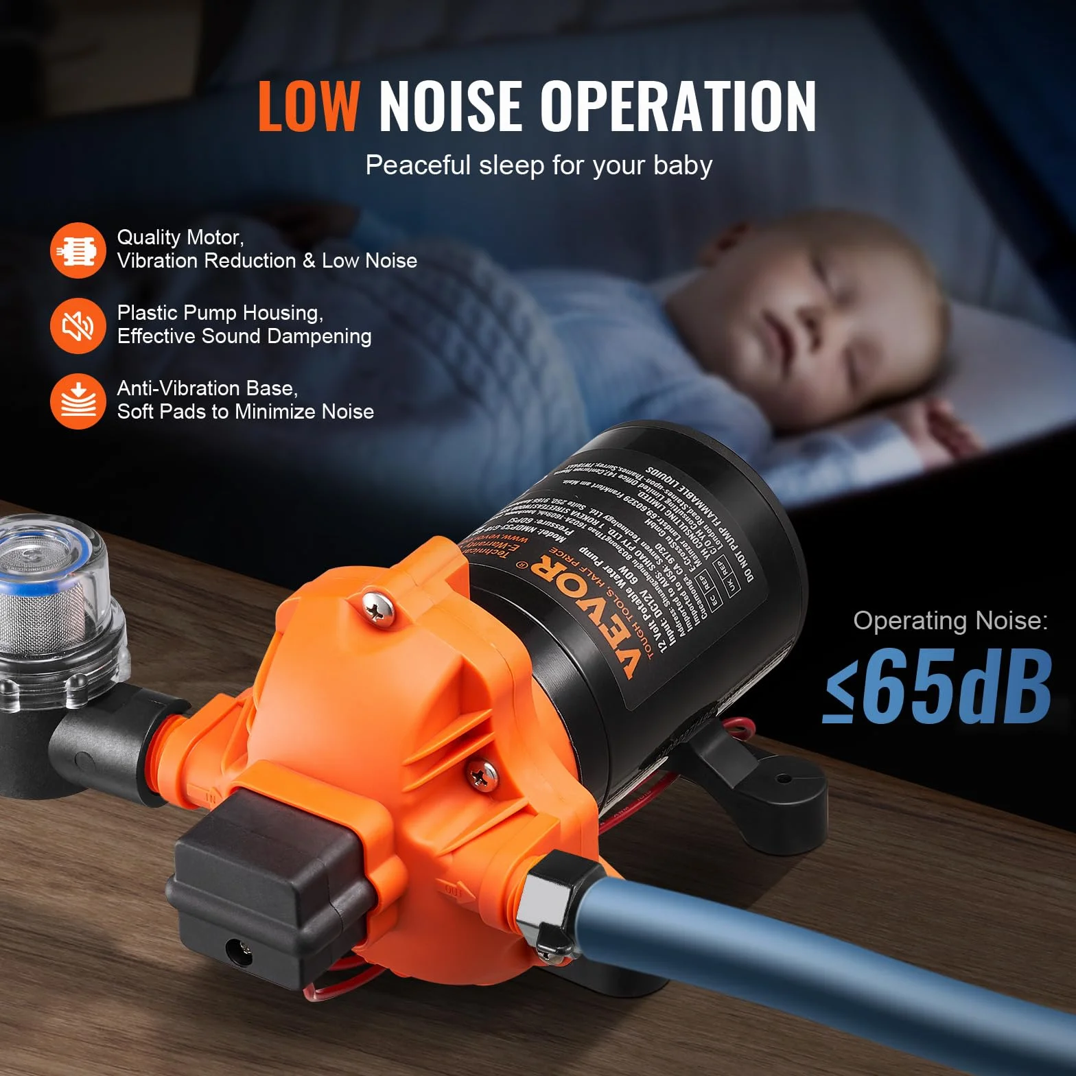 VEVOR Bomba de Diafragma 12 V 6,81 L/min Bomba de Agua de 3 Cámaras con Interruptor de Presión Automático Ajustable de 40 a 100 PSI, 60 PSI, Puerto MNPT de 12,7 mm para Camión de Comida, Autocaravana