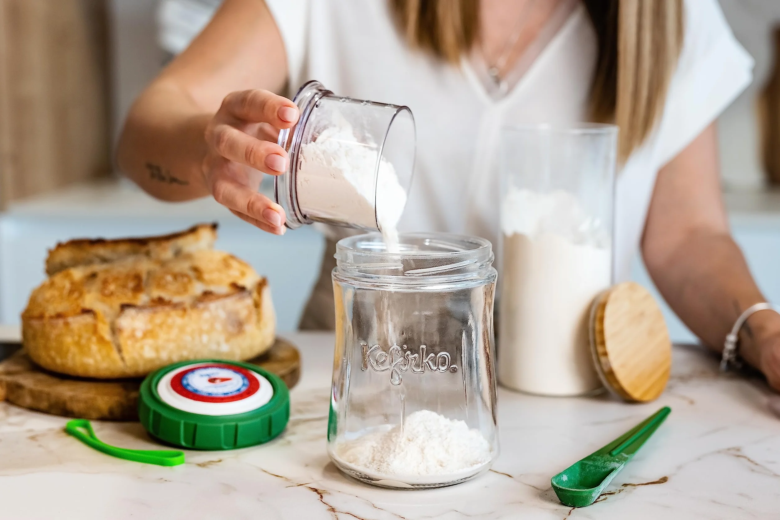 Kefirko Fermentador de masa madre 900 ml verde tarro de vidrio cuchara medidora reloj de fermentación