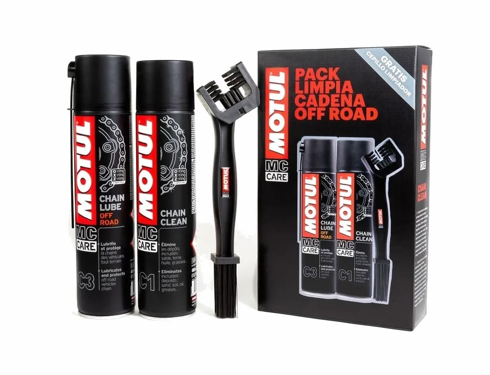 Kit limpiador lubrifica cadena Motul Chain Clean C1 + Motul C3 Chain Lube Off Road + Cepill