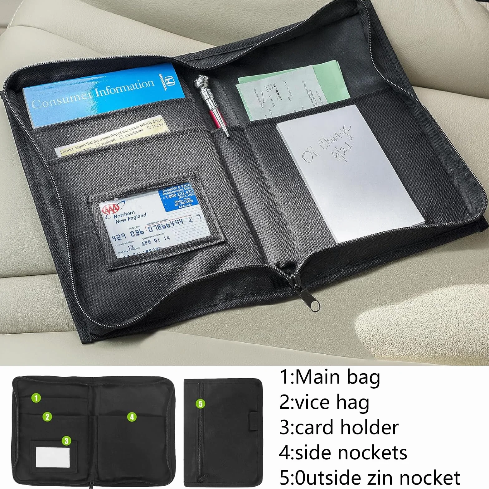 Carpeta de Coche Portadocumentos Coche Organizador de Documentos de Guantera Carpeta Documentación de Vehículos con Compartimento para Tarjeta, Licencia de Conducir (Negro)