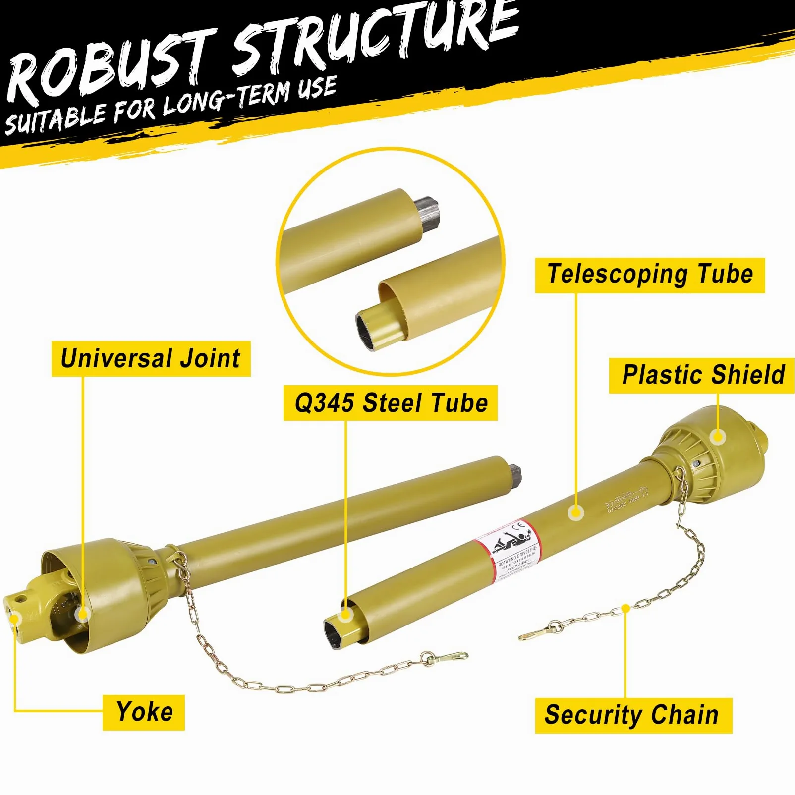 Garvee Eje de Transmisión Cardán Agrícola Serie 4 Toma de Fuerza con Tubo Telescópico Acero 1000-1400 mm Junta Universal Extremo de 6 Estrías y Redondo de 35 mm para Desbrozadora Tractor amarillo