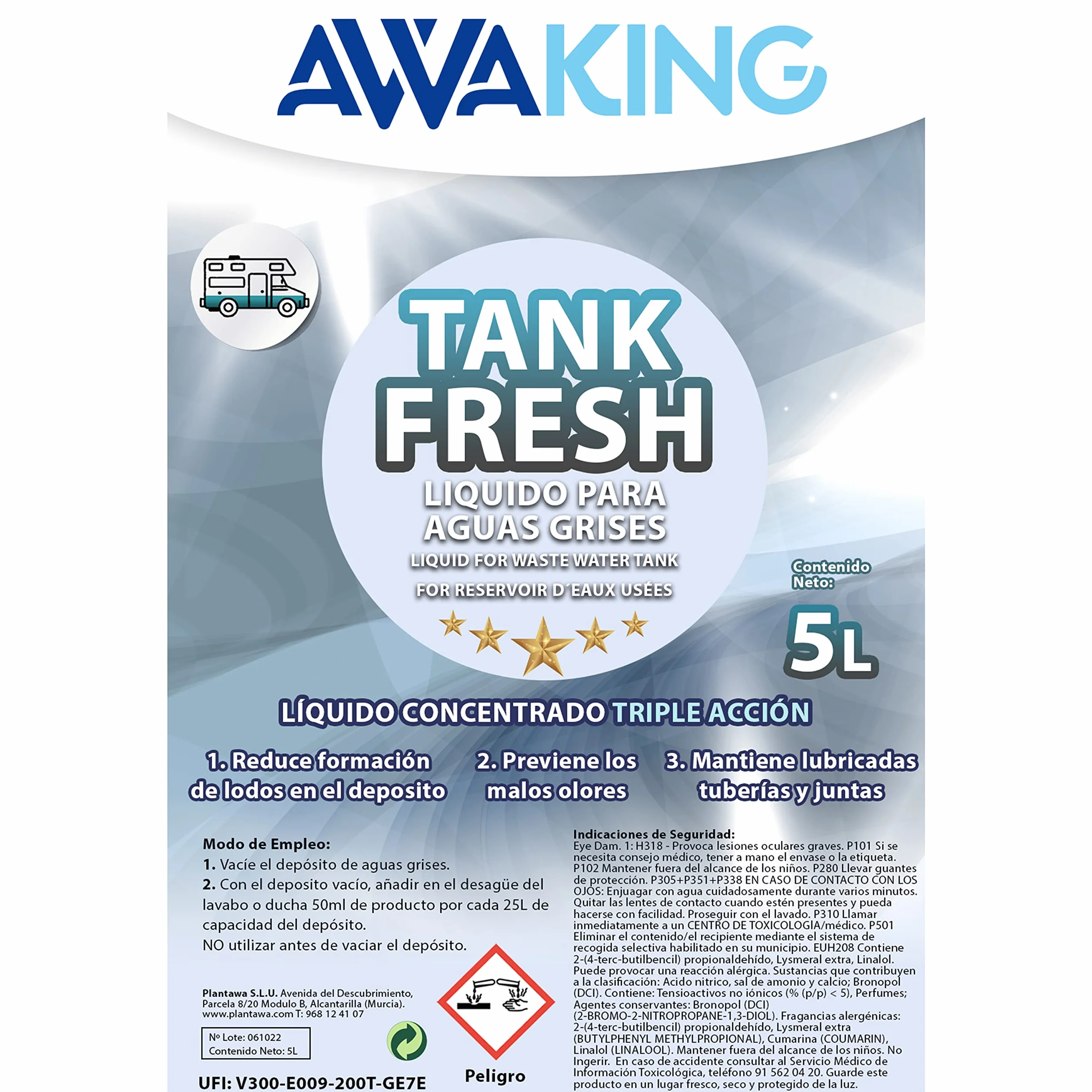AWAKING Liquido WC Quimico Tank Fresh 5L | Líquido wc quimico caravana para aguas grises | Neutraliza olores y previene obstrucciones | Fácil dosificación y larga duración