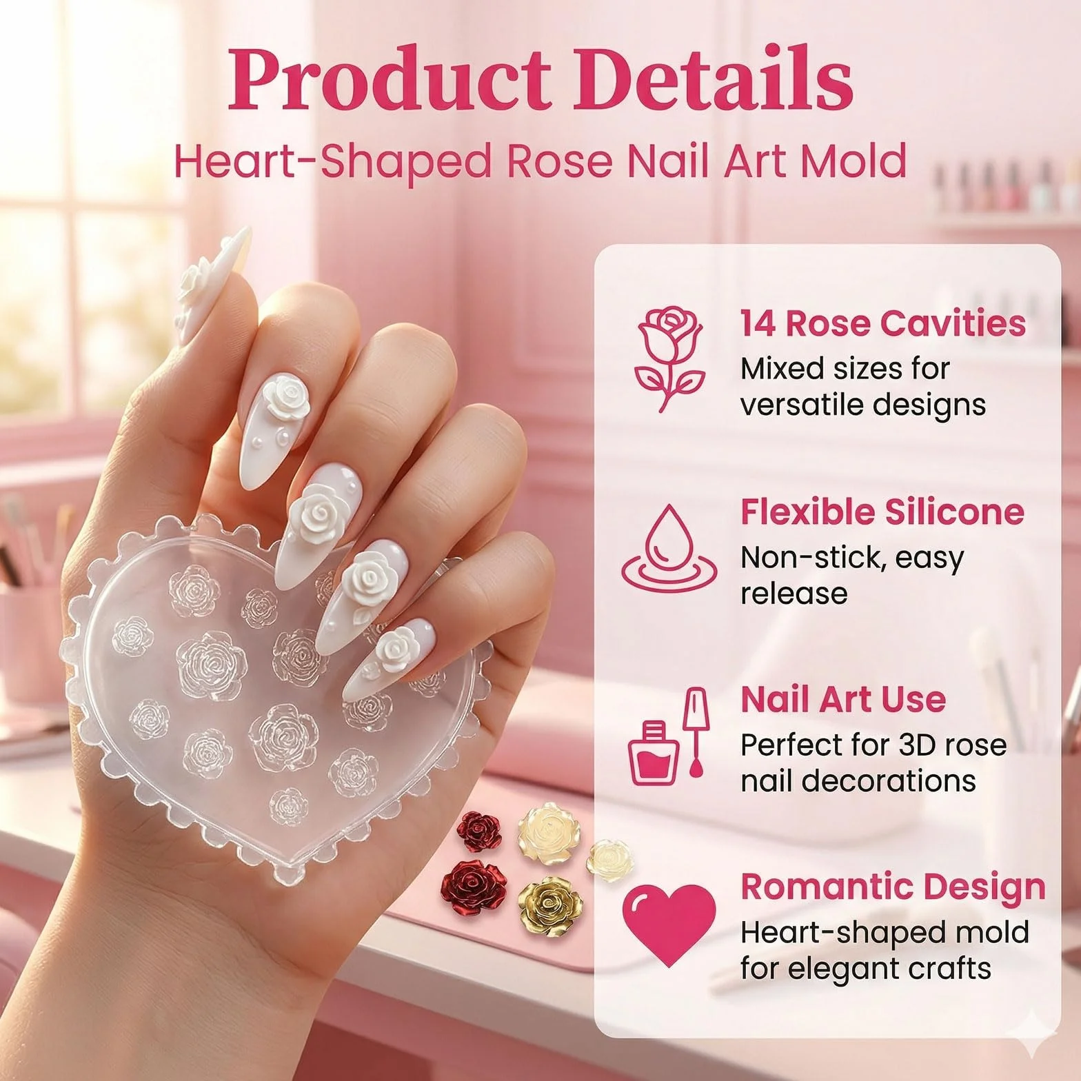 Forma De Silicona Para Uñas 3D Con Pétalos De Rosas Plantilla Floral En Forma De Corazón