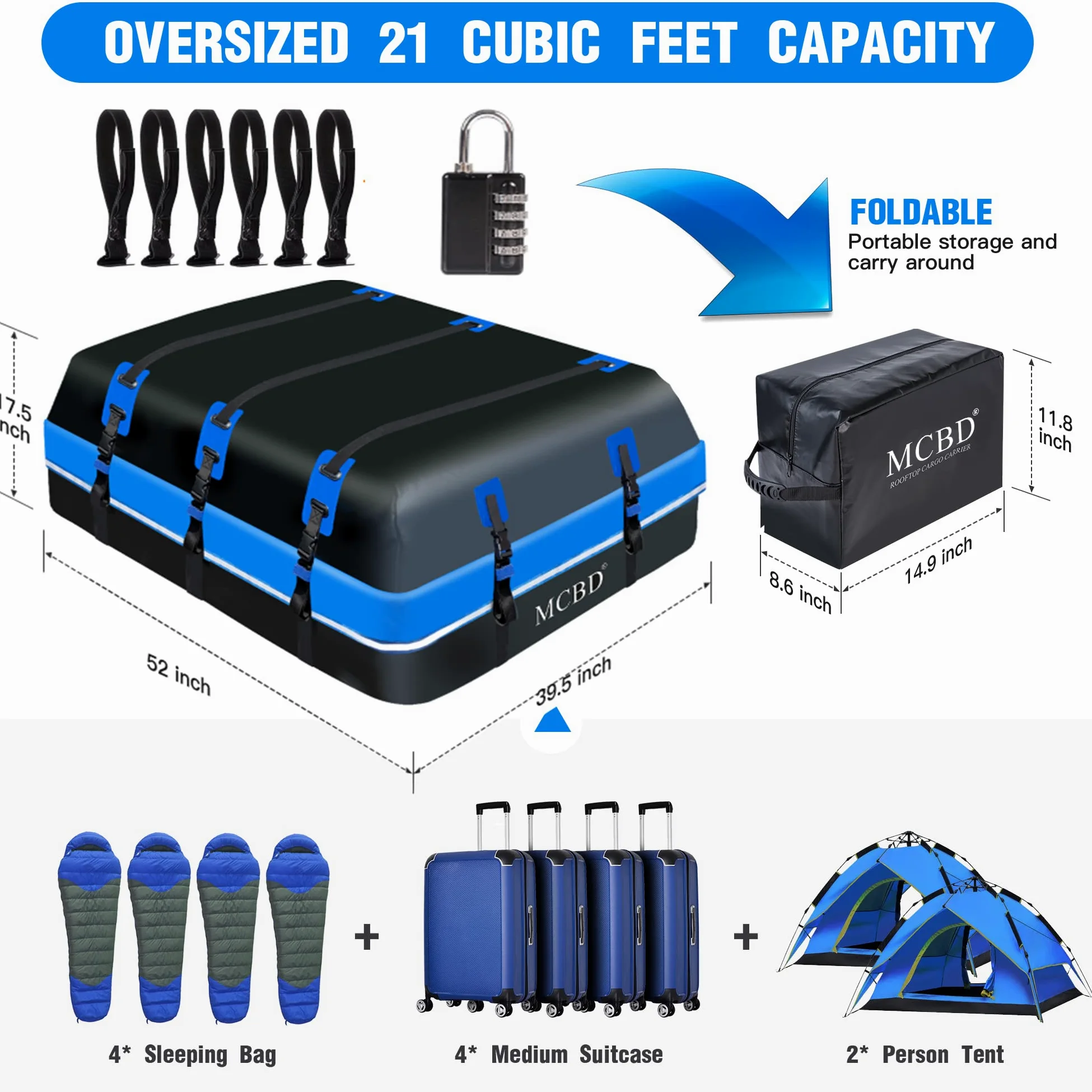 Maletero Techo Coche, 594L, Resistente al Agua, portátil, Apta para Todos los vehículos, SUV con/sin rieles, Incluye 8 Correas reforzadas y 6 Ganchos para Puerta, Azul