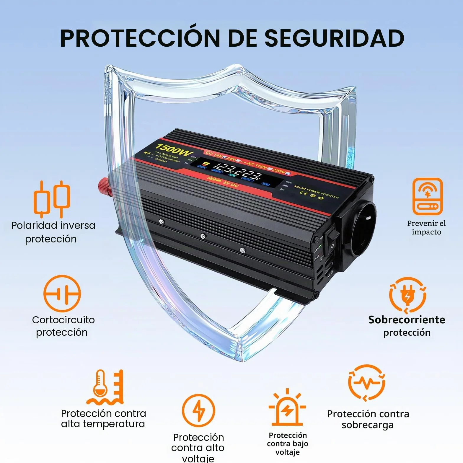 1500W Convertidor 12V 220V Transformador 12V A 220V Convertidor De Corriente, 1 Toma De Corriente Y 2 Puertos USB para AutomóViles, VehíCulos, Caravanas, Camiones