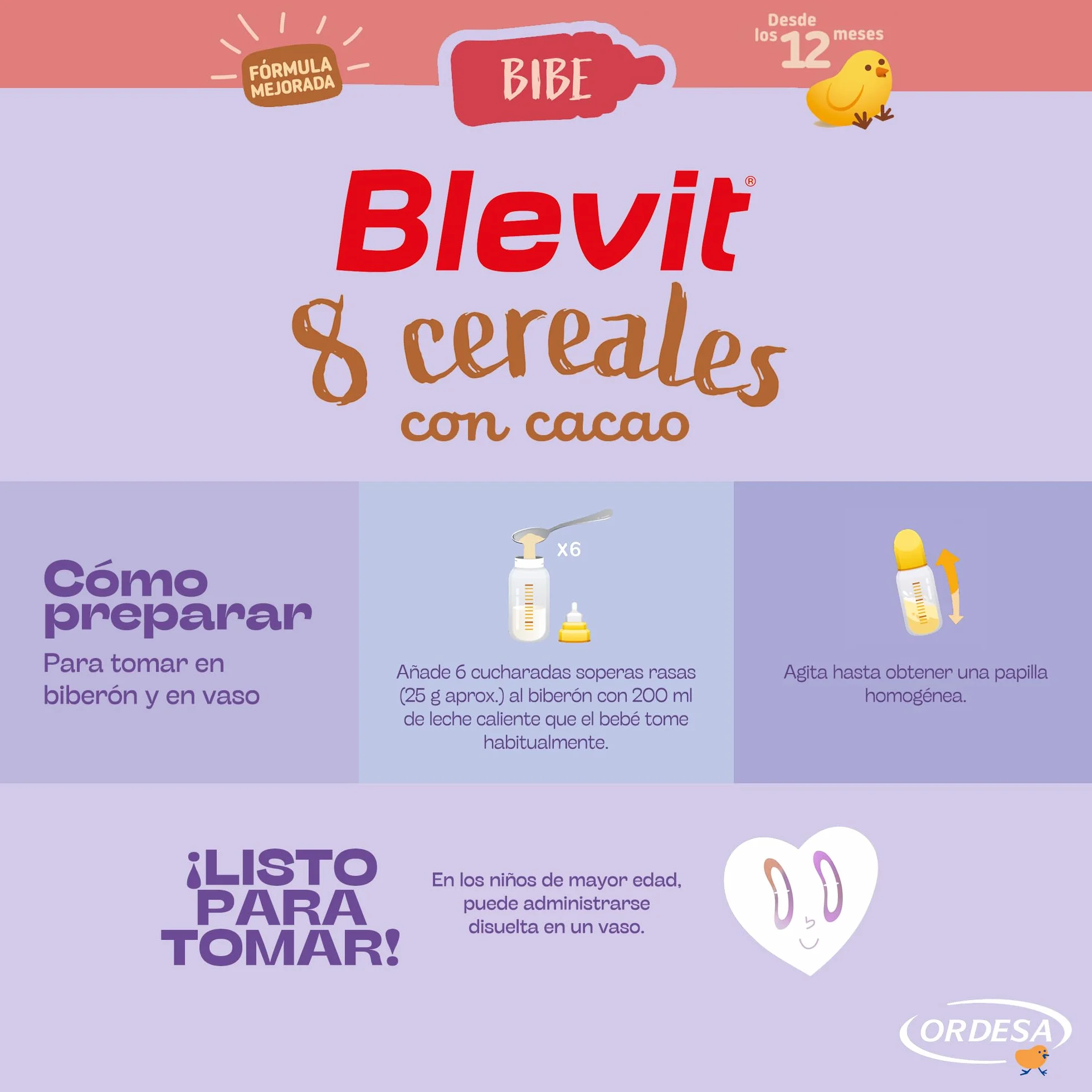 Blevit Bibe 8 Cereales con Cacao 500g Papilla para Bebé 12 meses 14 Vitaminas y Minerales
