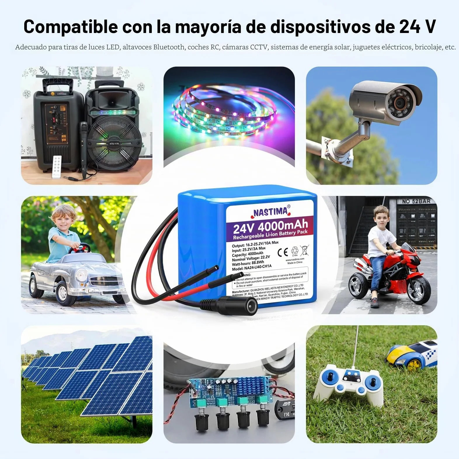 NASTIMA de 4000mAh y 88,8Wh 24V Batería Recargable de Iones de Litio | para Altavoces Bluetooth, Coches Teledirigidos, Sistemas de Energía Solar, Bricolaje, etc. Incluye Cargador y Conector