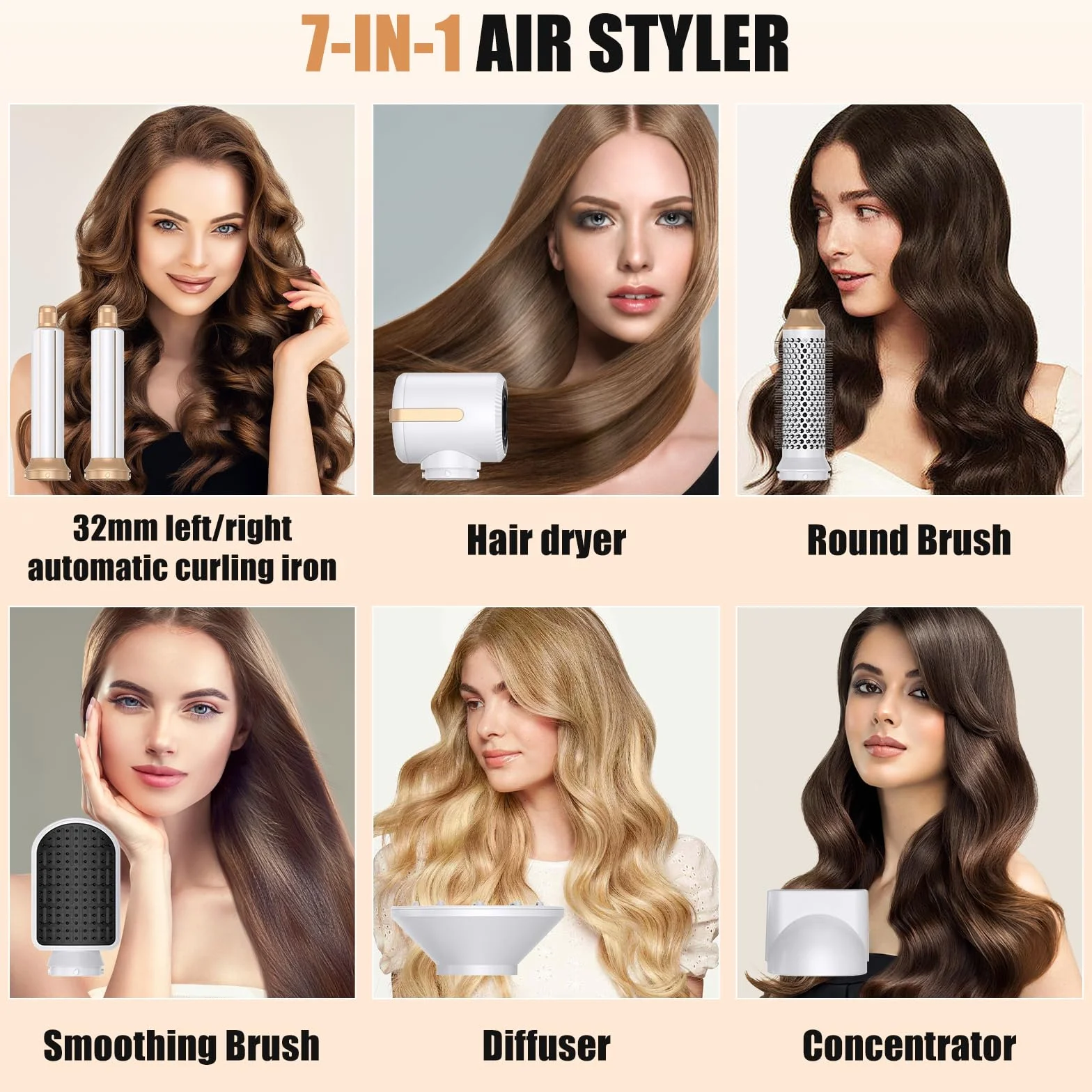 Cepillo Secador de Pelo Air Styler 7 en 1, Rizador Automático y Alisador Voluminizador
