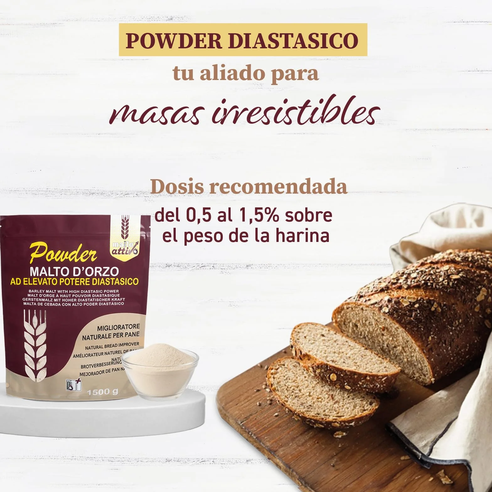 Malto Attivo Powder 1.5 kg Harina de Malta de Cebada Diastásica para Panificación 14.000 Unidades Pollak Made in Italy