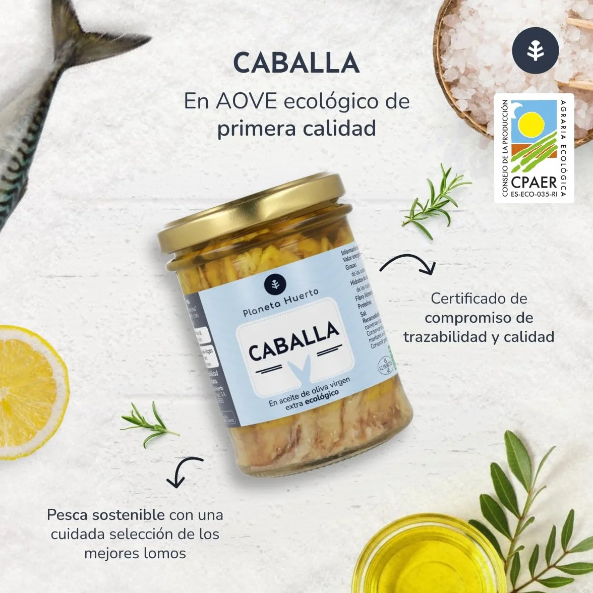 Pack 6x Caballa en Aceite de Oliva Virgen Extra 190g, Conserva Ecológica Artesanal, Rica en Omega-3 DHA