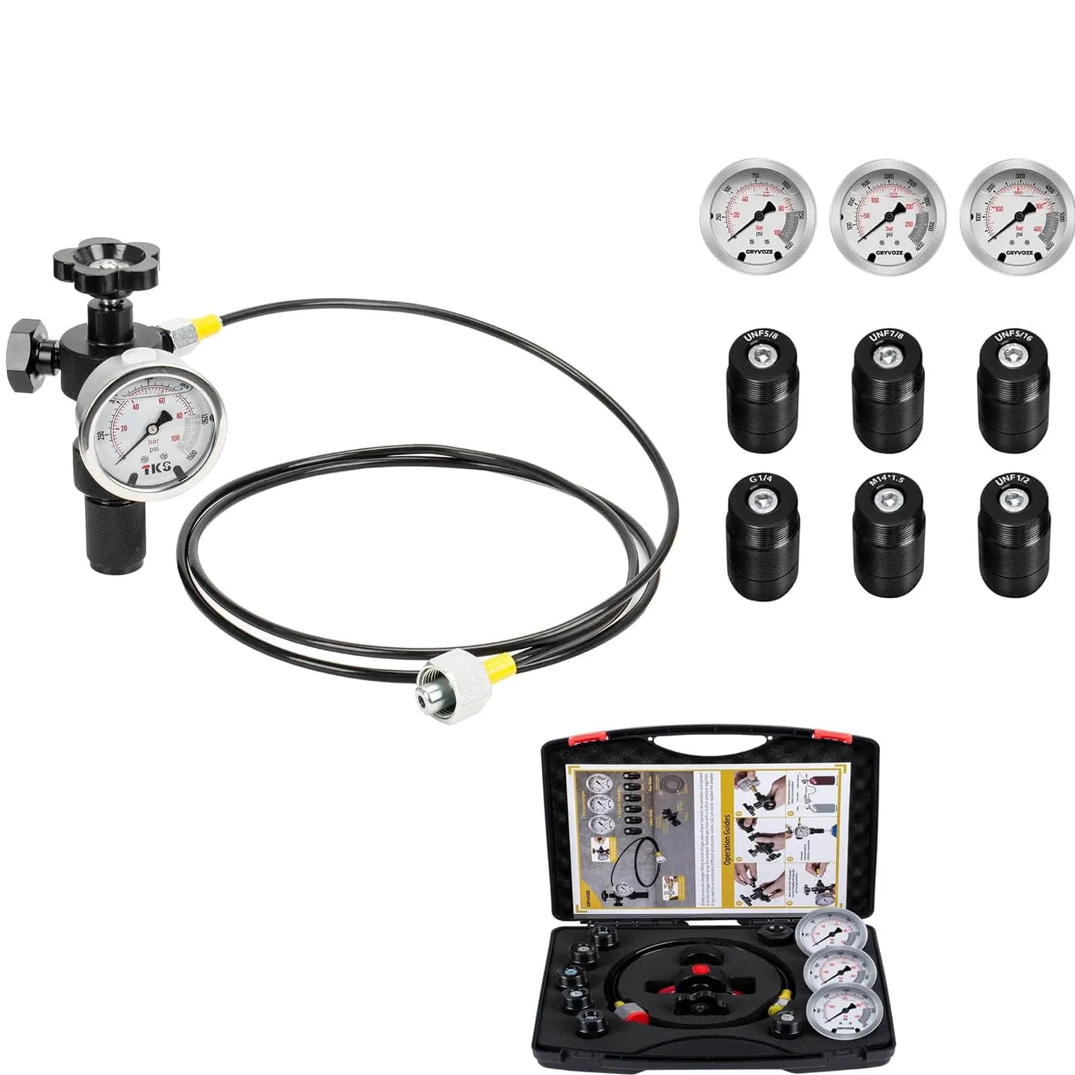 Kit de llenado de nitrógeno, Kit de Carga de acumulador hidráulico de nitrógeno, Sistema de Prueba de presión, Herramientas de Carga de Gas con 7 s, 3 manómetros, 1 Manguera de Gas
