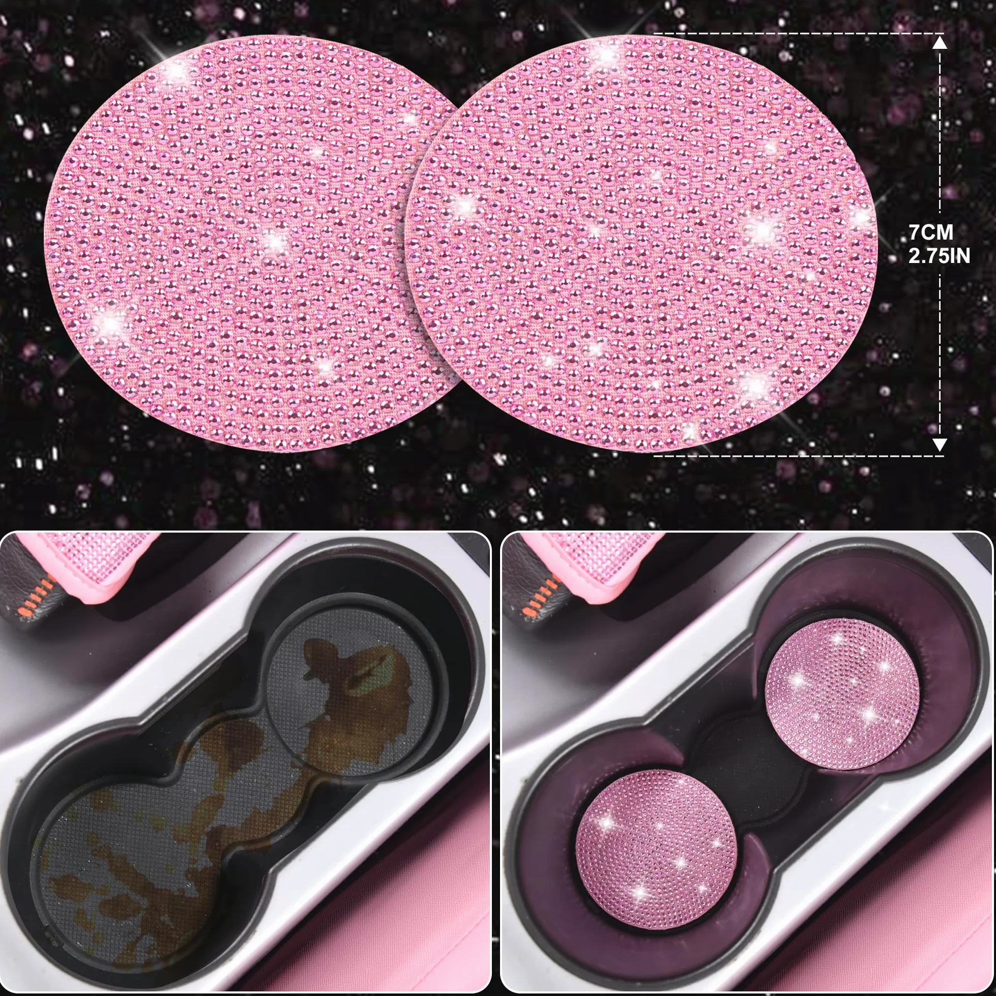 CAR PASS Juego de 24 accesorios de diamantes rosas para mujer, fundas de asiento de cuero, funda de volante de 15 pulgadas, ganchos brillantes de diamantes de imitación, posavasos, bonitas