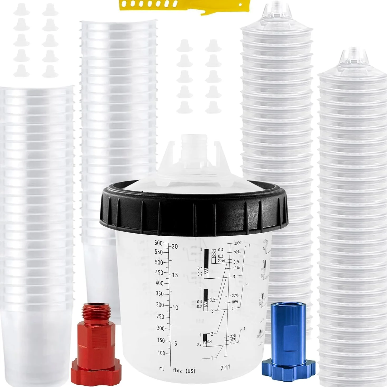 RRJ Juego de 50 vasos y tapas para pistolas de pintura desechables de 600 ml, sistema de pintura para pistolas de pintura HVLP y LVLP, 1 vaso duro con anillo de soporte y 20 tapones de cierre, 2