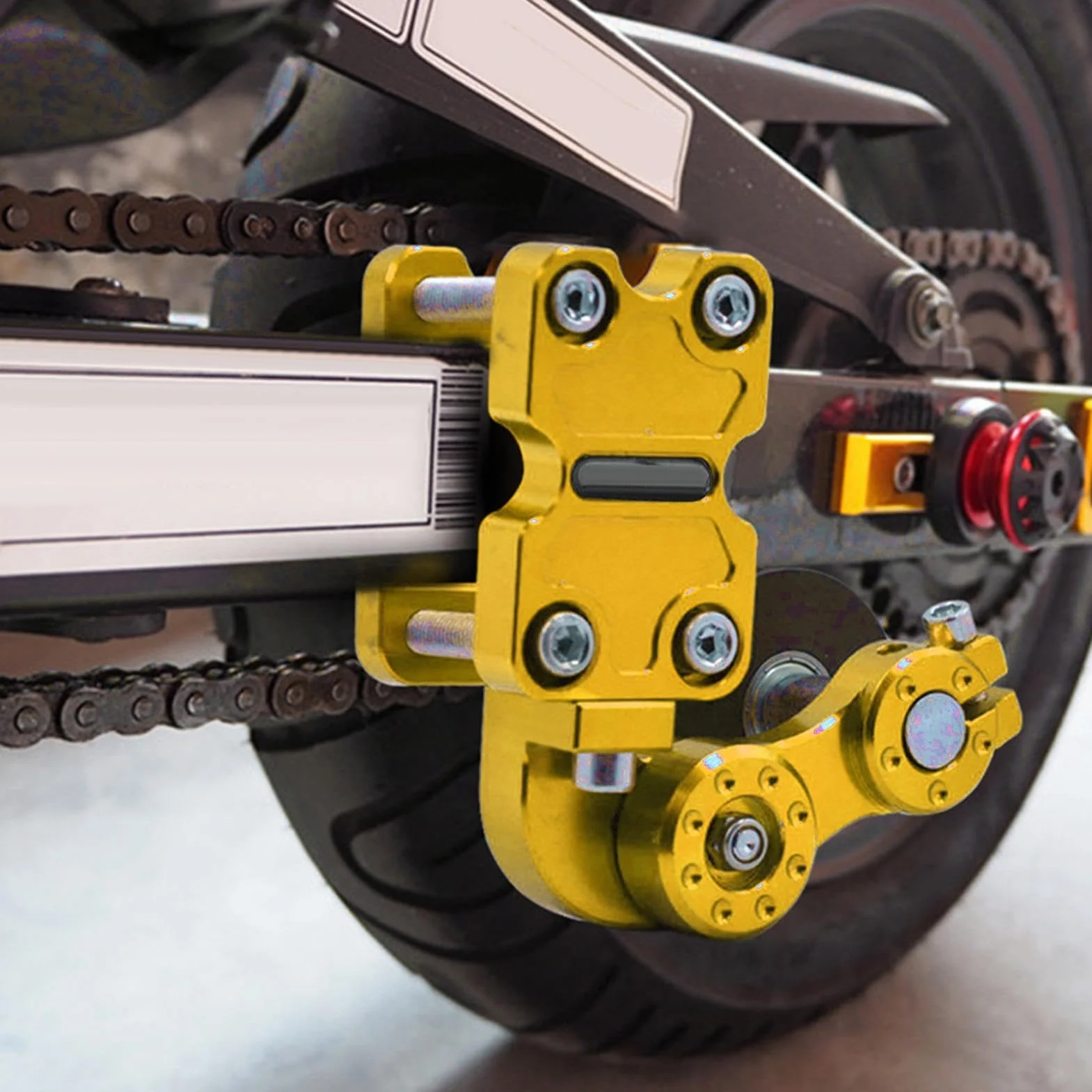 Ajustador de cadena de motocicleta,Herramienta de ajuste de cadena Motocicleta, Ajuste de cadena modificado con guía de tensión automática, Herramienta de engranajes de modificación de cadena