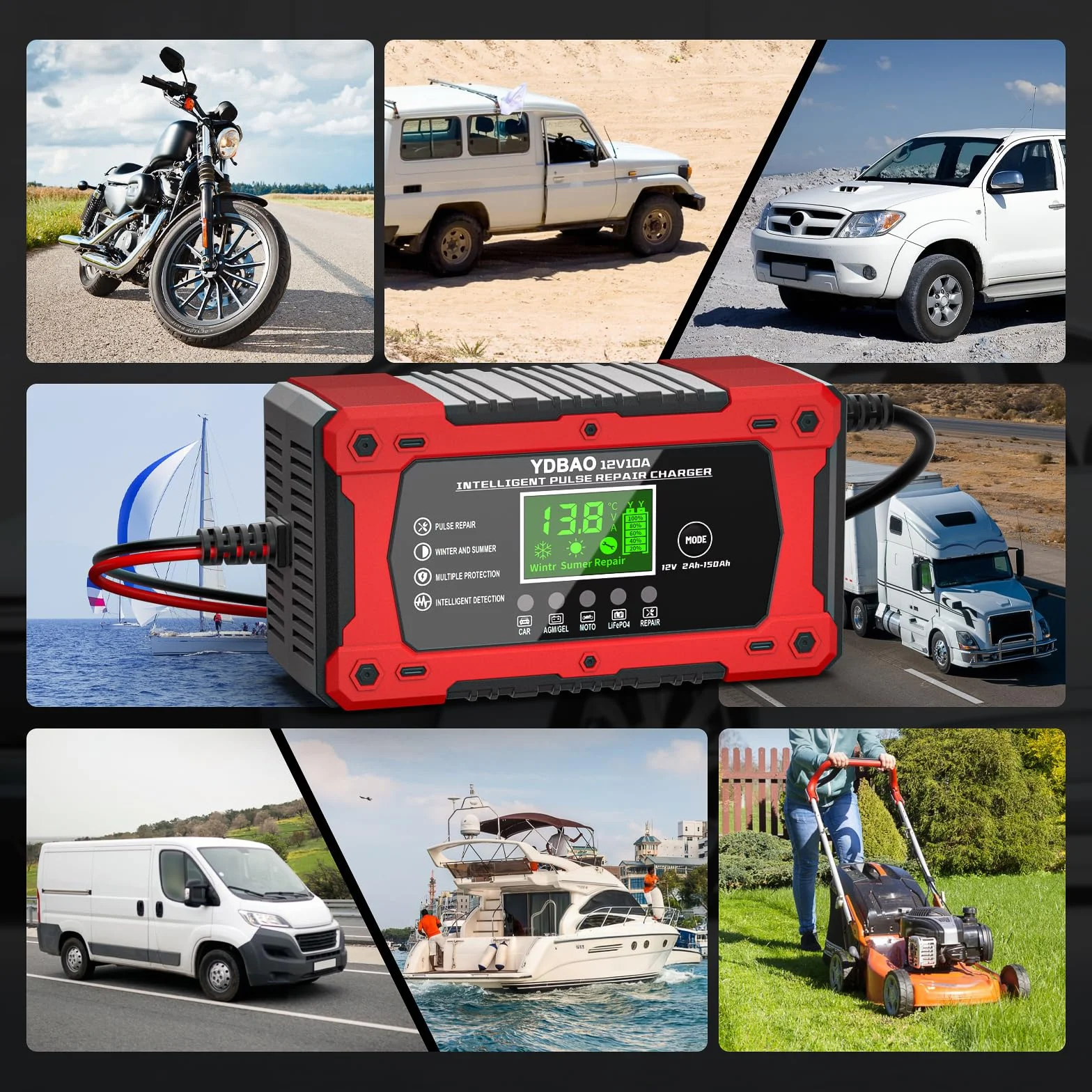 YDBAO Cargador de Batería de Coche 12V 10A Cargador Baterias Coche y Moto Inteligente con Reparación y Múltiples Protecciones y Pantalla LCD Cargador bateria para Auto,Moto, Camión, AGM, Gel,SLA