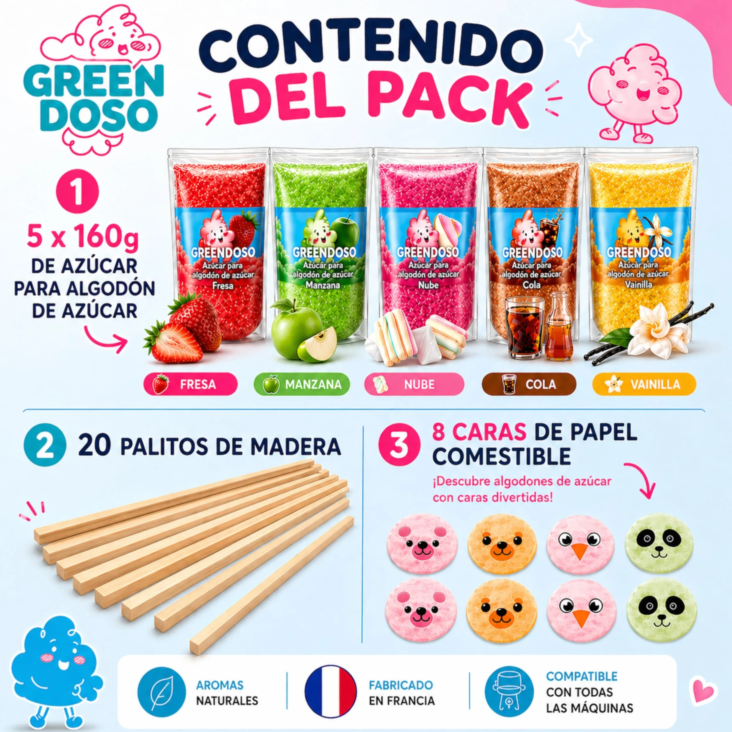 Greendoso Azúcar para Algodón de Azúcar (5x160 g) Fresa Cola Manzana Malvavisco Vainilla Aromas Naturales 20 Palitos 8 Caritas Comestibles