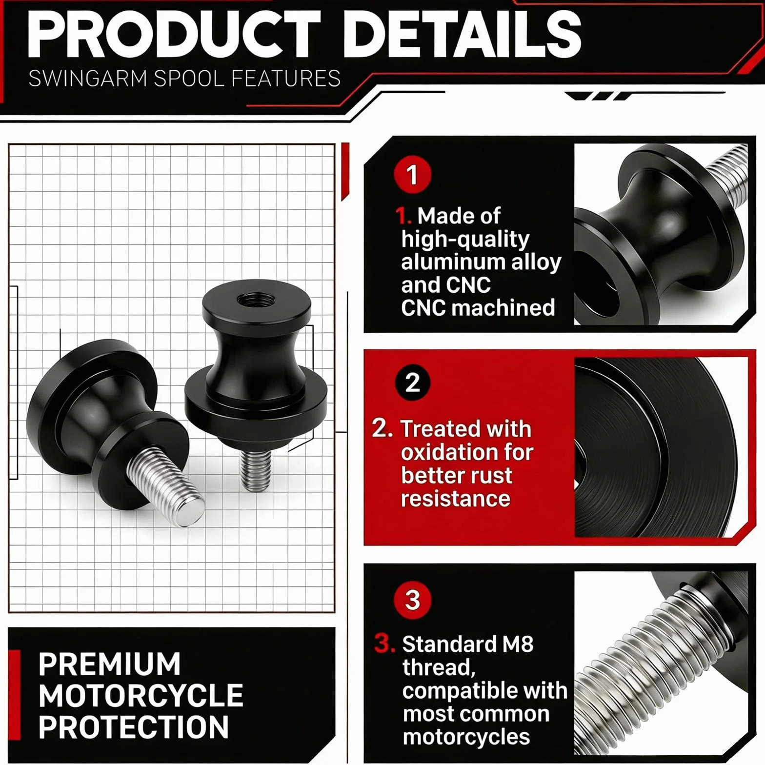 Jetstream 2 piezas M8 soporte soporte Bobbins, soporte de montaje, accesorios para rueda de mortor, adecuado para la mayoría de agujeros de brazo oscilante de 8 mm, negro