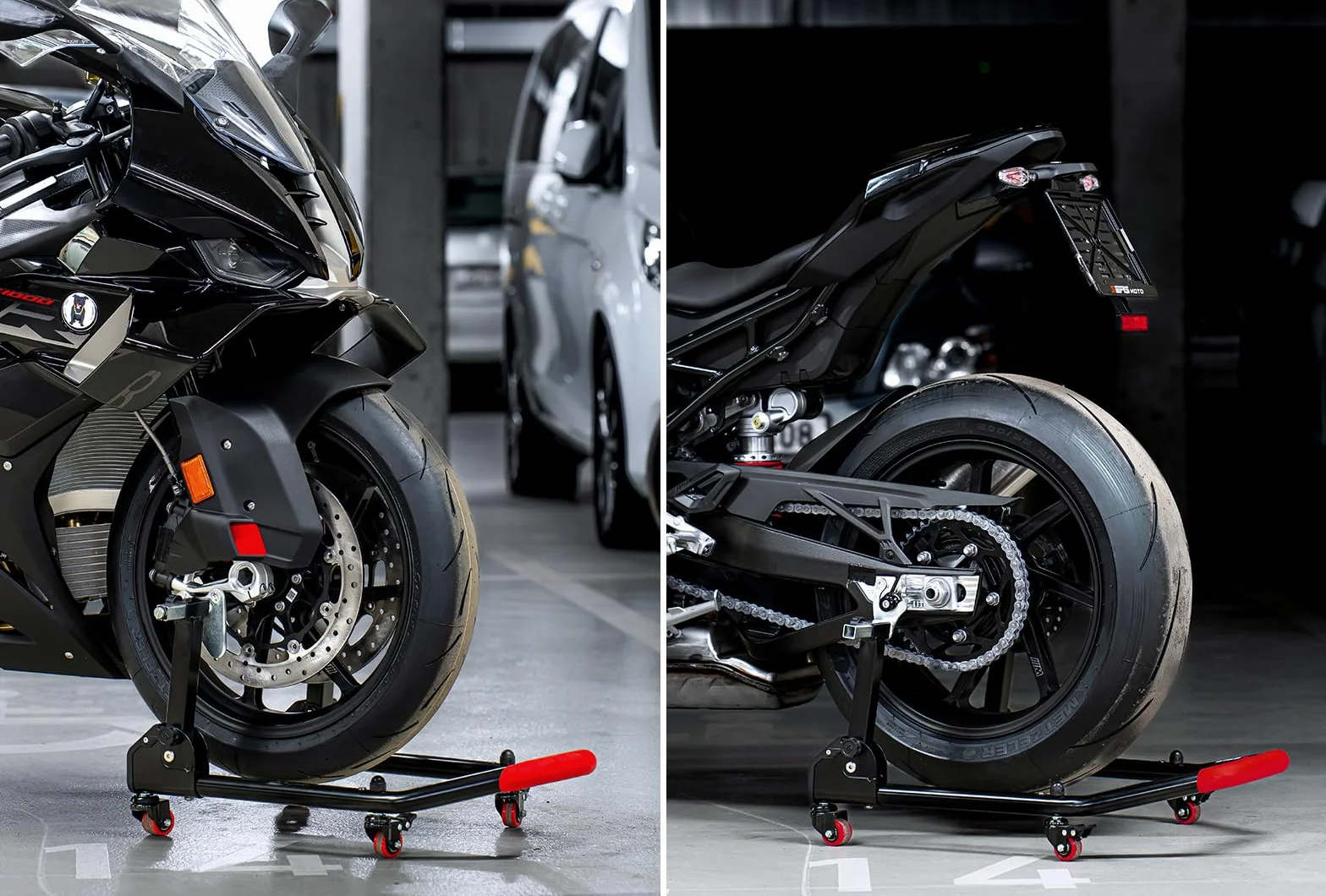 SEFIS M20U - Juego de soporte para motocicleta + bujes prisma M8 para rueda trasera, elevador de moto, soporte de servicio trasero plegable (para BMW S1000RR / R/XR M1000RR / R/XR)