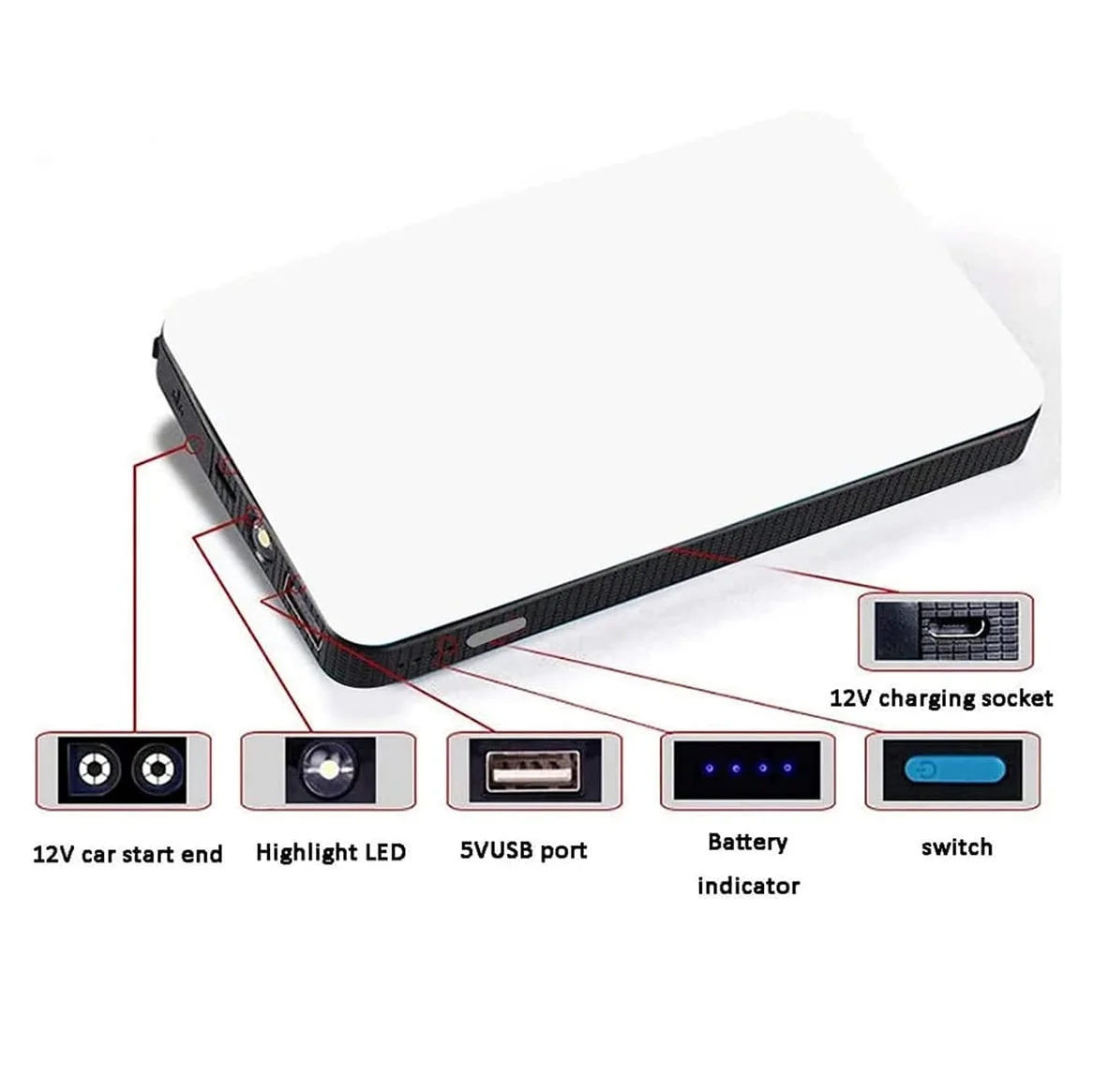 Arrancador de Coche de 20000 mAh, Dispositivo de Arranque portátil para Coche de 12 V, Cargador de Coche, arrancador de Emergencia con Pinza, Linterna LED y Cable.