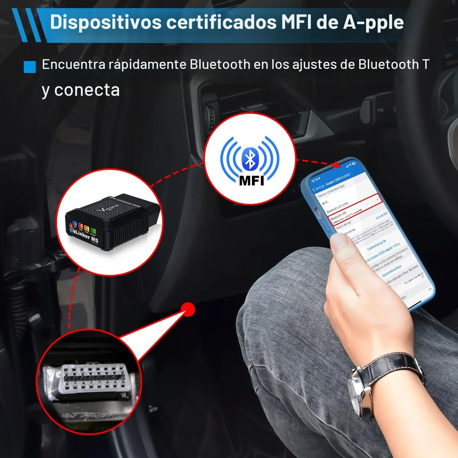 Vgate vLinker MS Bluetooth MFI Herramienta de diagnóstico OBD2 Lector de códigos de avería Adaptador de Coche Compatible con OBDII Check Engine Light para iOS, Android y Windows.