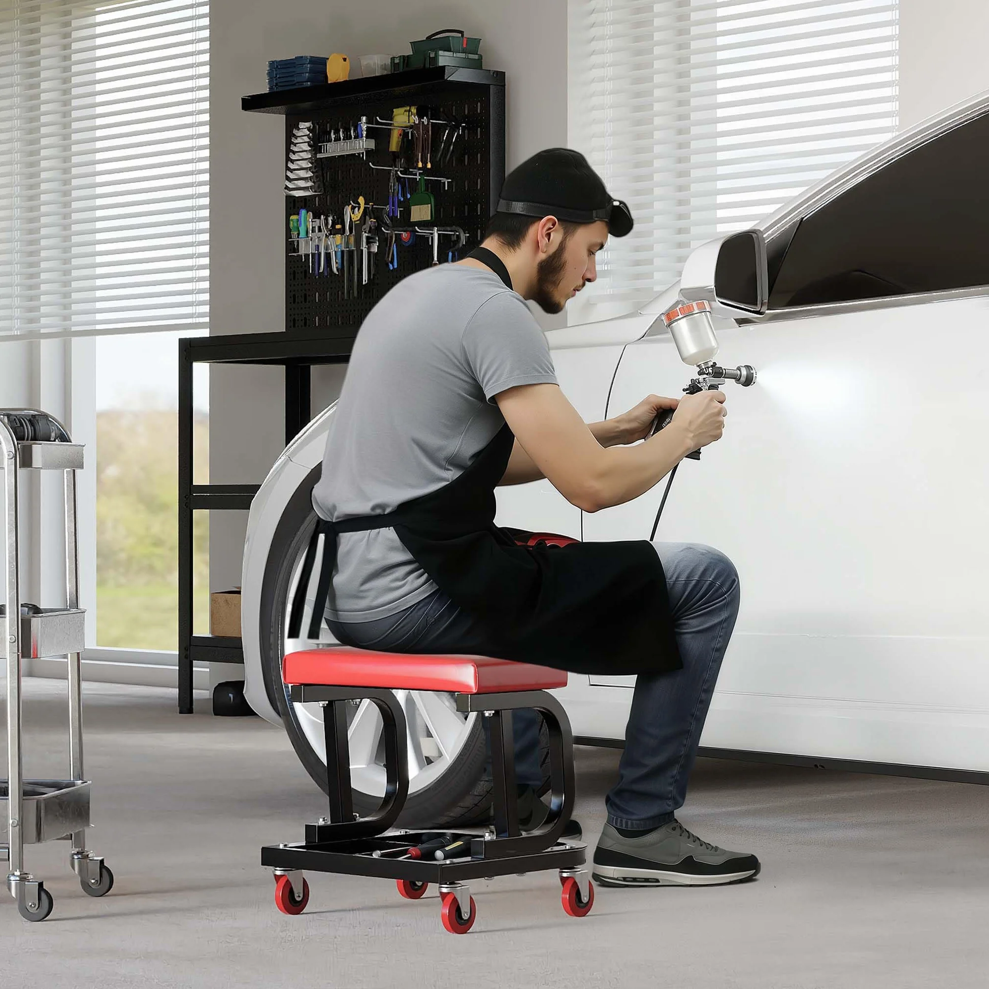 WilTec Asiento Taller Taburete Trabajo Móvil Ruedas Bandeja Porta Herramientas Almacenaje Taller mecánico