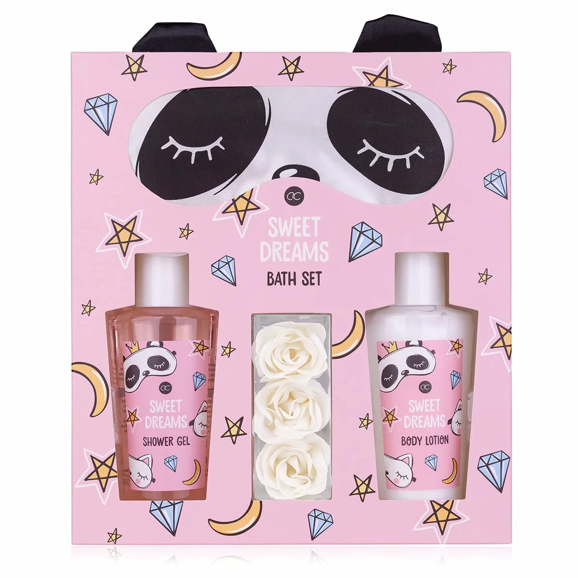 Set de regalo para mujer Sweet Dreams de Accentra - Antifaz de panda, gel de ducha, loción corporal y confeti de baño de rosas