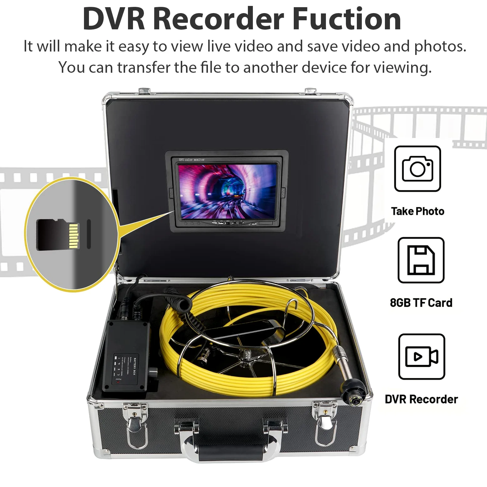 KAOLALI Cámara Endoscópica 50M con DVR, Cámara Inspección Tuberias de 7 Pulgadas, Cámaras para Boroscopio IP68 Impermeable Cámaras de Inspección ángulo de 110° con 6 Lámparas LED, SD 8 GB