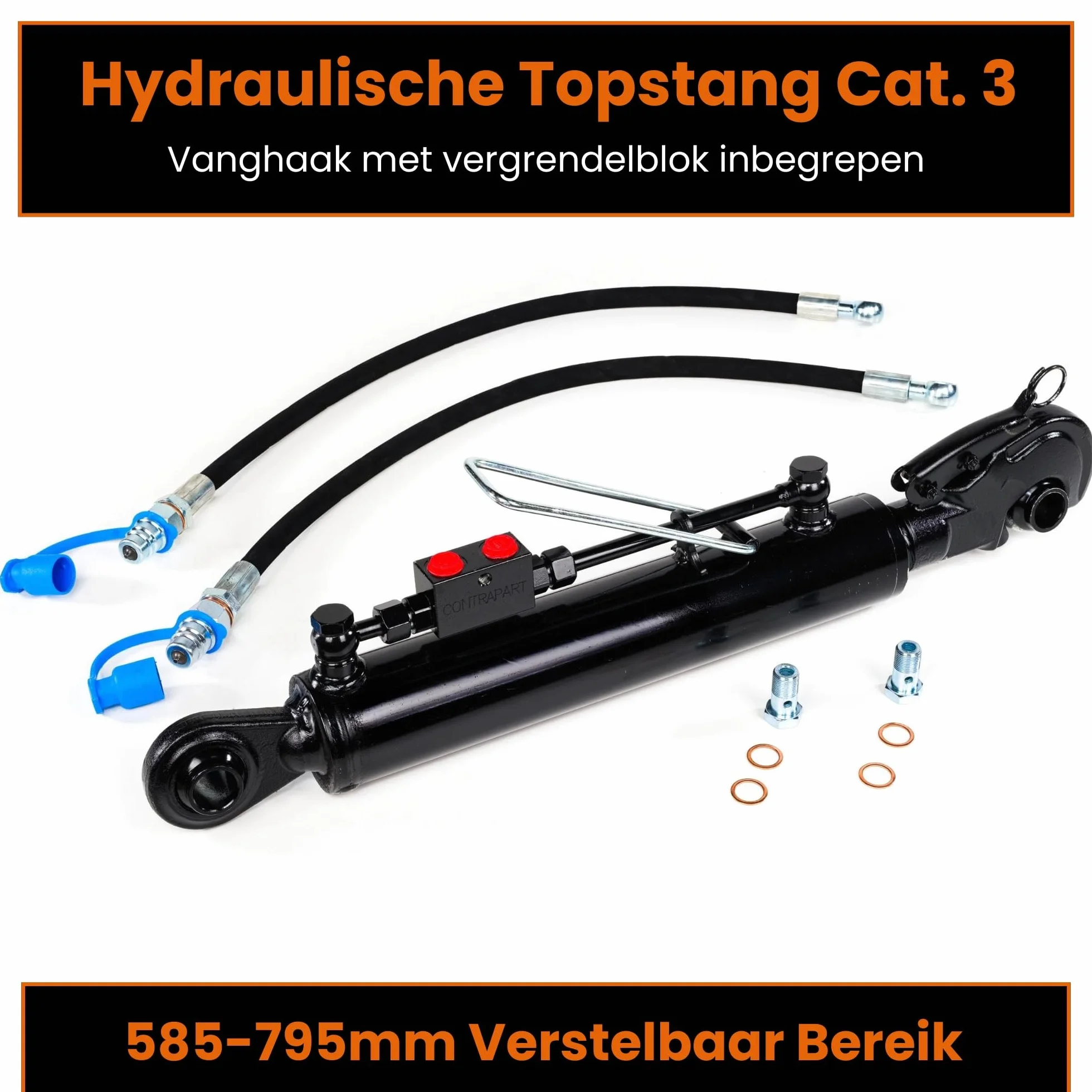 Tercer Punto Hidráulico Cat 3 - Ø32,4 (585 - 795 mm) con Enganche Rápido, Bloque de Bloqueo y 2 Mangueras