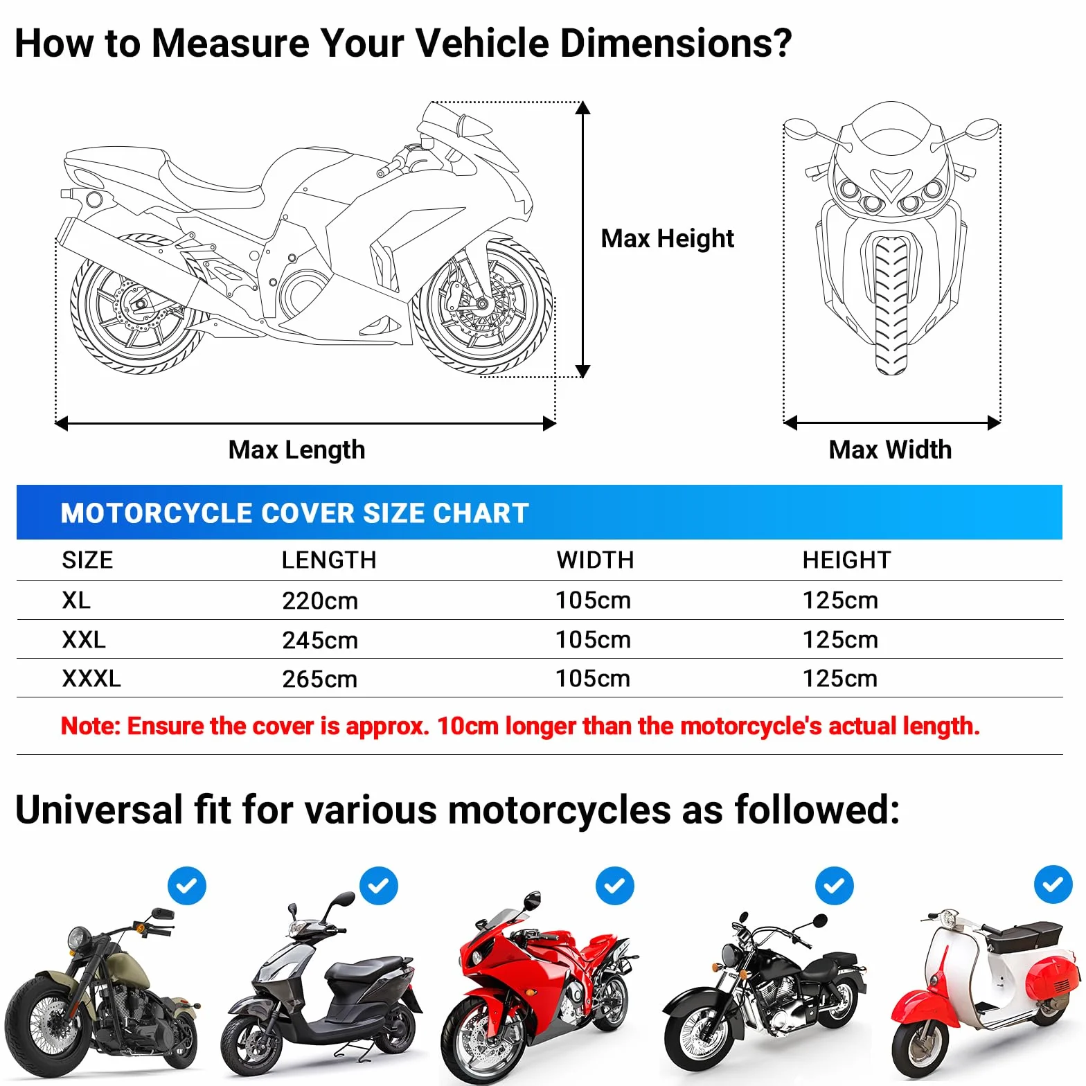 Favoto Funda para Moto Impermeable XXXXL Cubierta de Motocicleta Protectora al Aire Libre a Prueba de Polvo Sol Lluvia Viento Nieve con Tiras Reflectantes Negro 295x102x122cm
