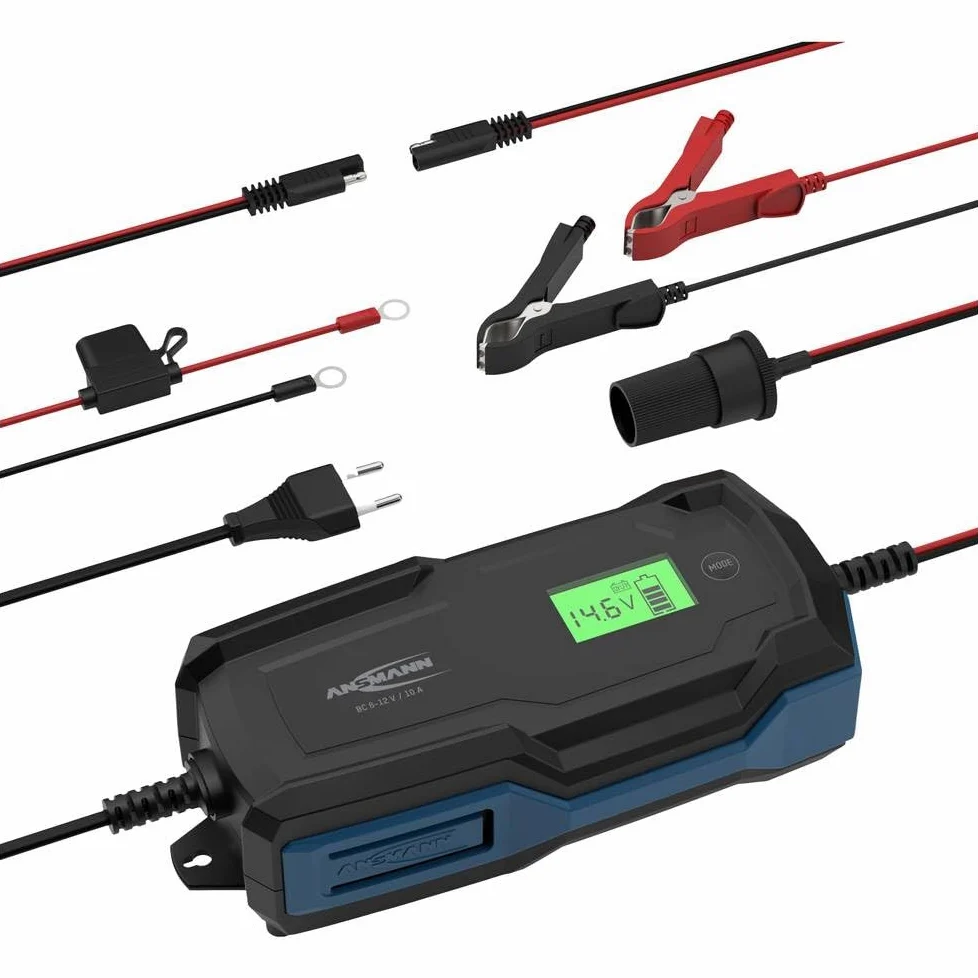 ANSMANN Cargador inteligente de 10 pasos 6 V 12 V/10 A con pantalla LCD para baterías de plomo-ácido y plomo-lias, así como baterías de 12 V LiFePo4 para coche, moto y furgoneta