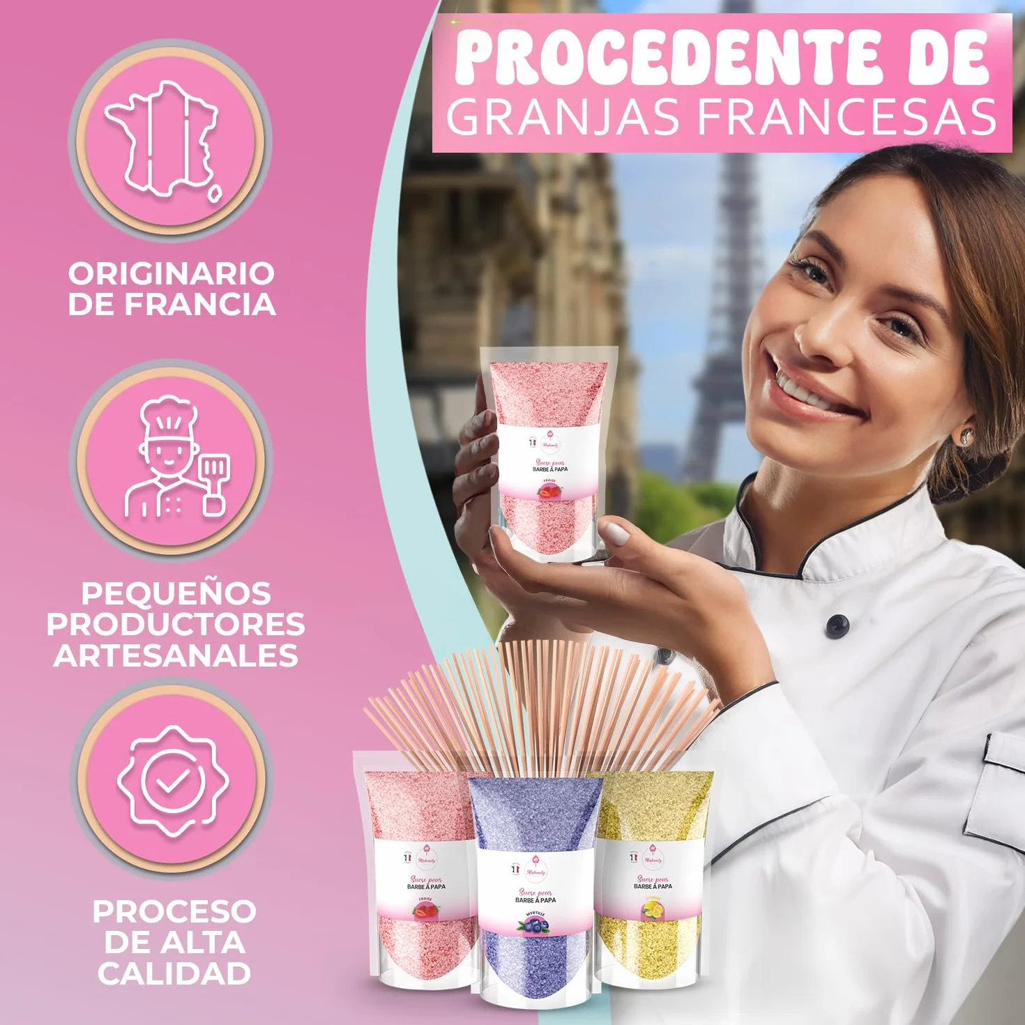 Misskandy Algodón de Azúcar para Máquina Pack 3x160g Sabores Naturales Fresa Arándano Limón
