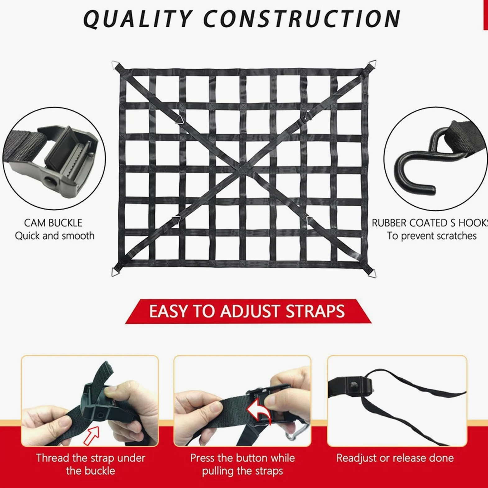 Red elástica para carga | Red de carga extensible y resistente – Red de | almacenamiento de maletero elástica ajustable con 4 cinturones fijos para SUV, coches y camiones