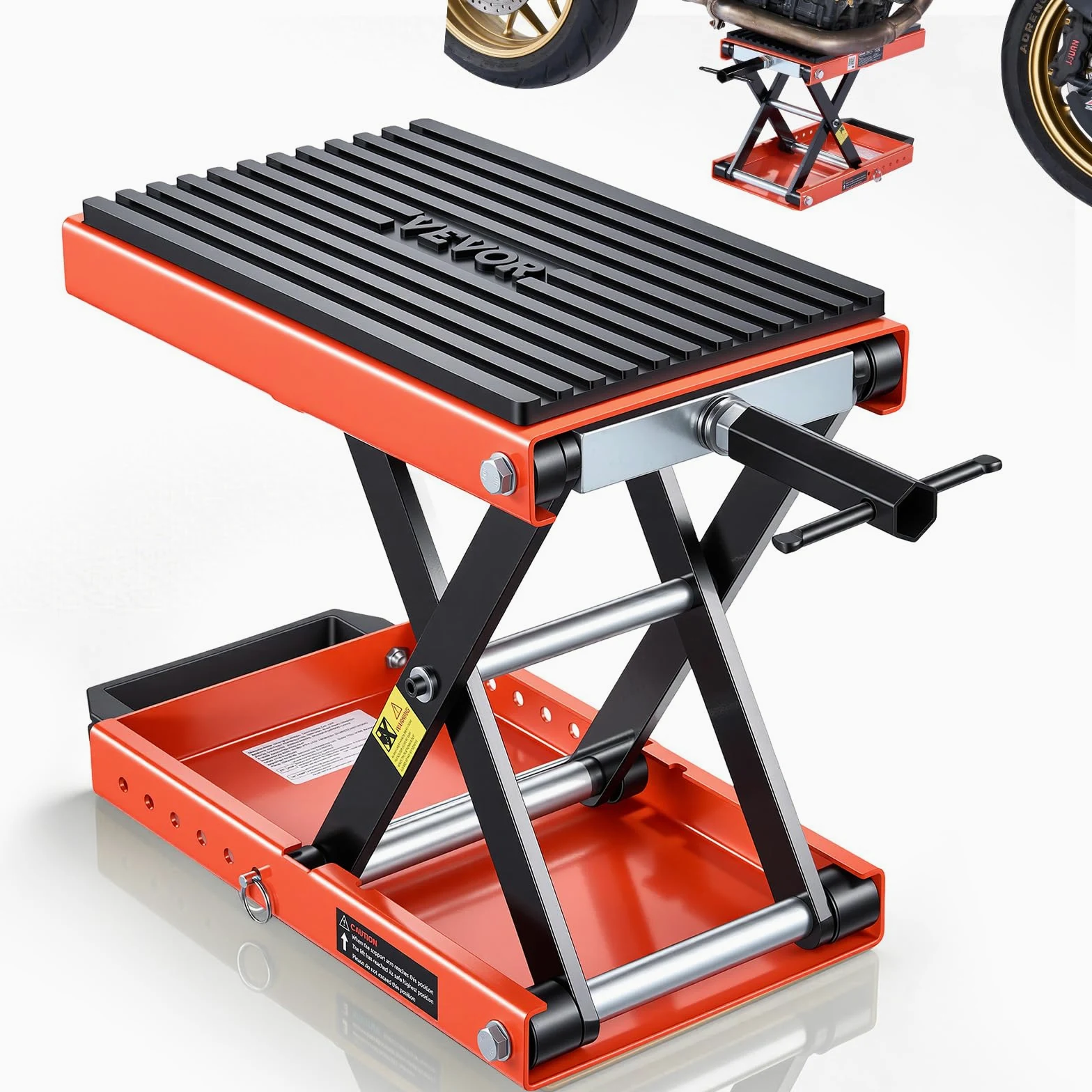 VEVOR Gato Elevador Tijera para Motocicletas 38,5 x 23 cm, Plataforma Elevadora Capacidad de 680 kg, Caballete para Moto Elevación de 105-350 mm para Talleres, Garajes Mecánicos, Naranja y Negro