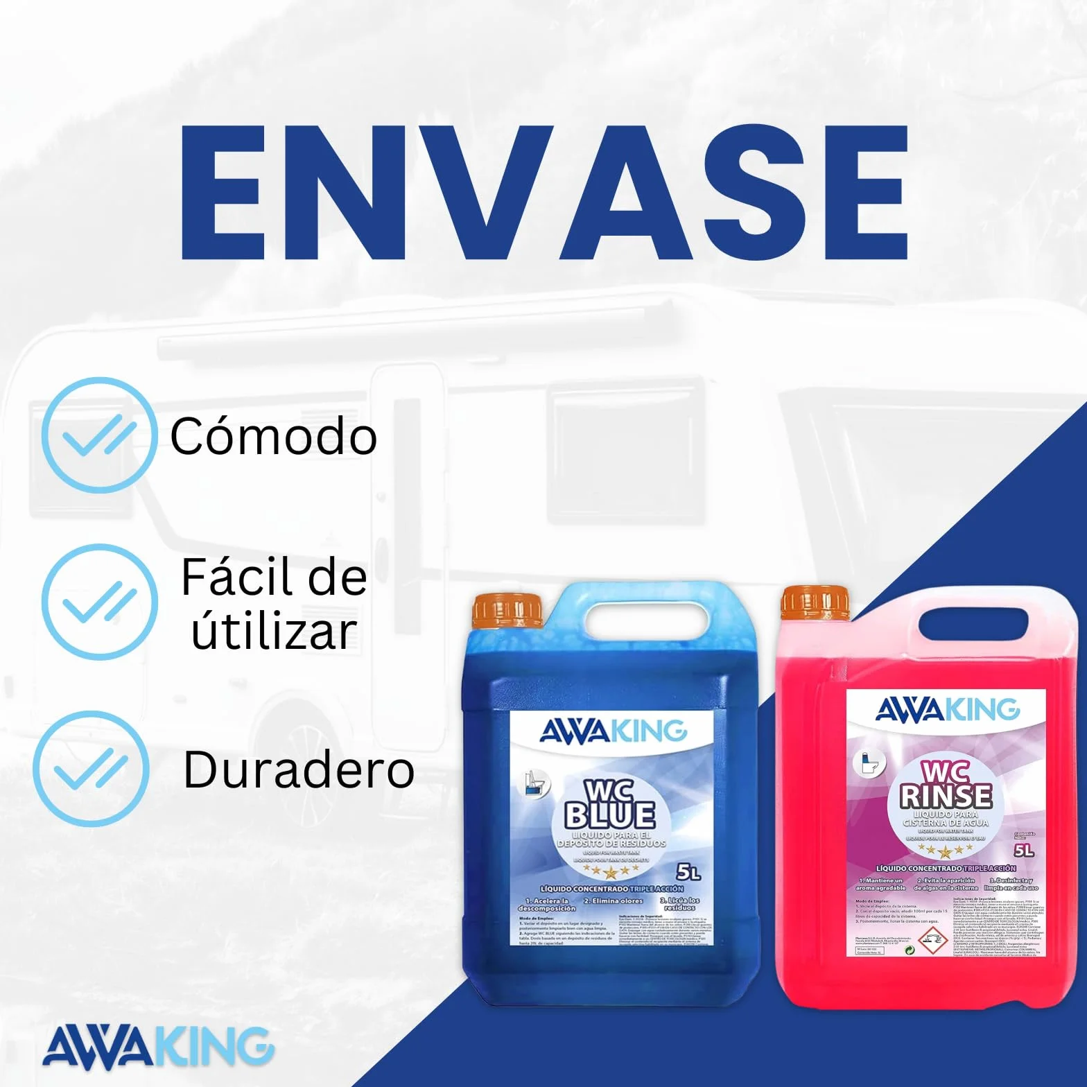 Liquido WC Quimico Caravana WC Blue 5L + Rinse 5L,Liquido Autocaravanas Aditivo Aguas Negras + Concentrado Taza WC Cisterna,Caravanas,Depósito Residuos Autocaravanas,Sanitary Fluid,Líquido Potty