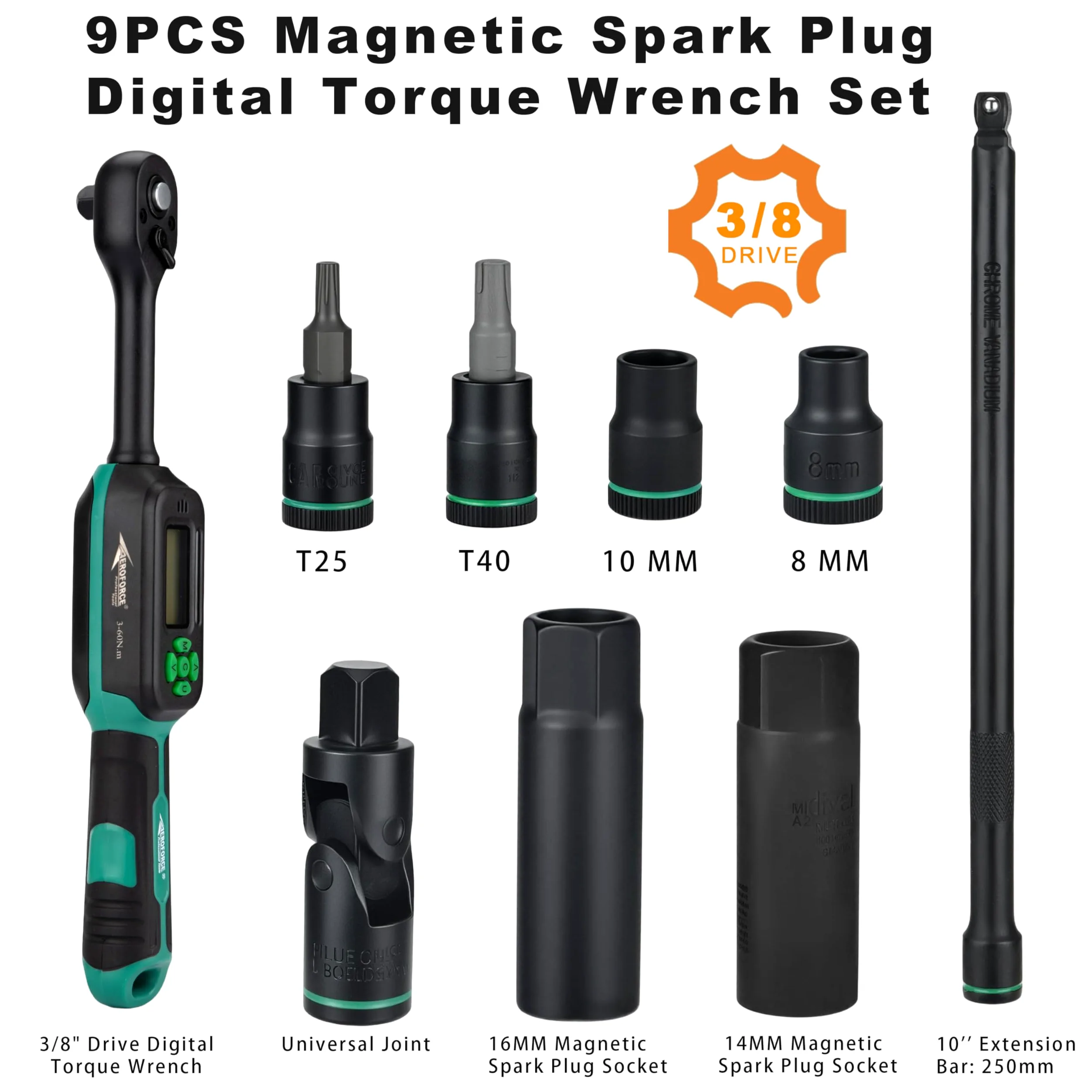 AEROFORCE - Juego de 9 enchufes magnéticos para bujías con llave dinamométrica digital de 3/8 pulgadas (6.8-135 Nm), incluye enchufes de 12 puntos de 14 mm y 16 mm, barra de extensión de 10 pulgadas y