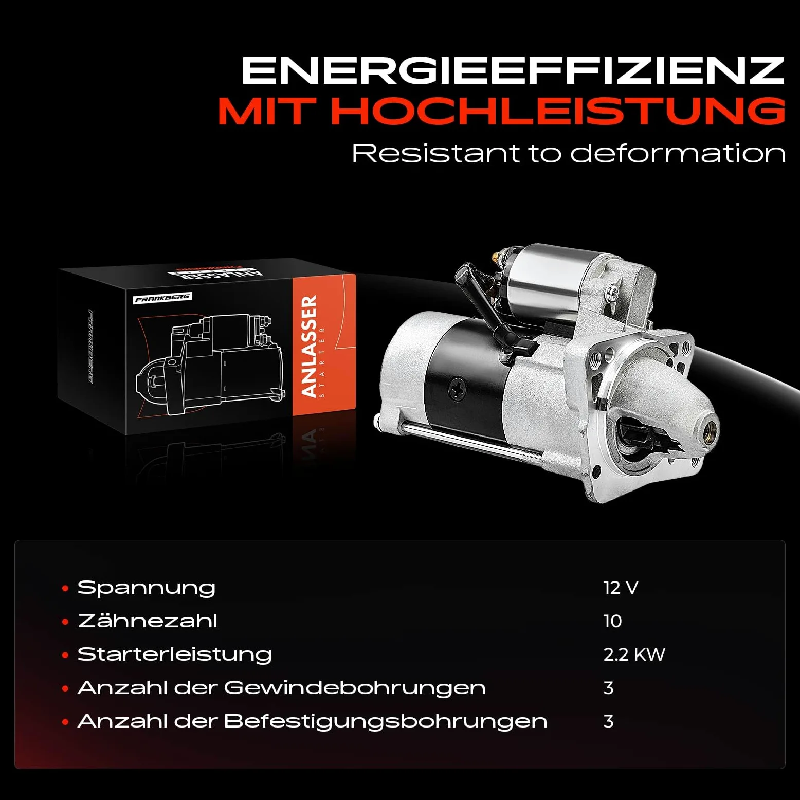 Frankberg Motor de arranque 22 kW 12 V 10 dientes 113702 | Compatible con: MPV I LV, Serie B UN, BT-50 Recogida de CD UN, Serie B UF, Ranger EQ ER R, Ranger ET